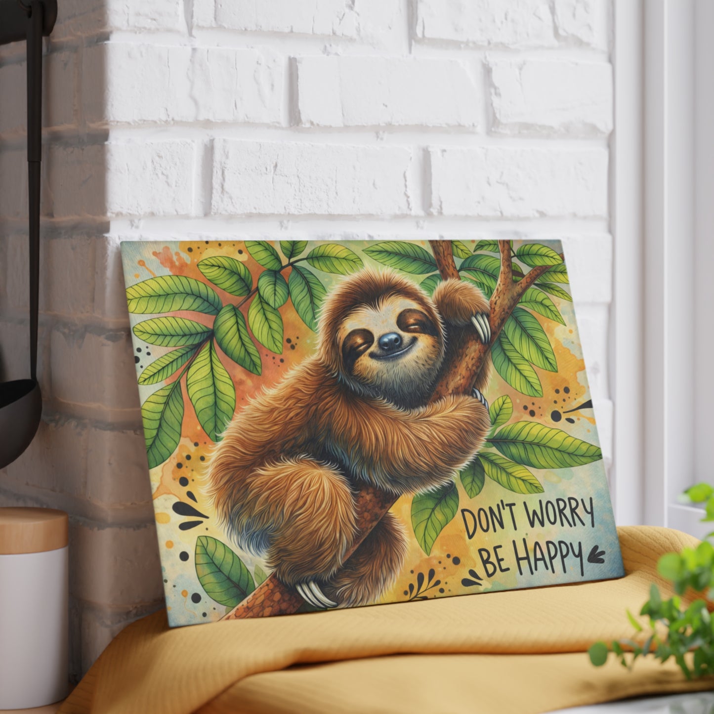 Don’t Worry Be Happy Glass Cutting Board – Whimsical Sloth Artwork