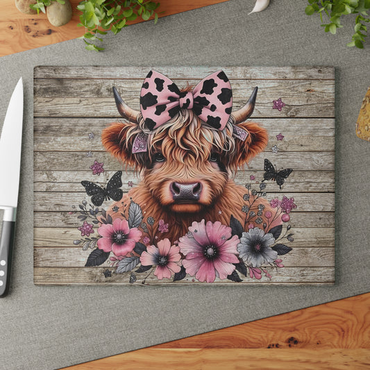 🐮 Pink Bow Highland Cow Cutting Board – Rustic Farmhouse Charm Meets Floral Elegance 🌸