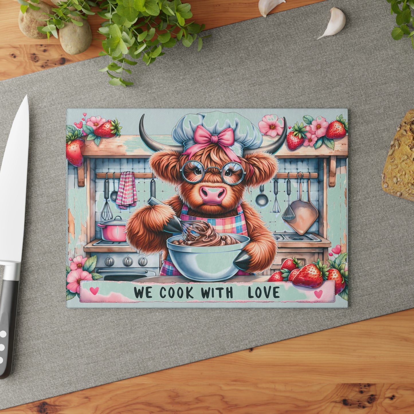 🐮 We Cook With Love Cutting Board – Whisking Up Sweetness & Farmhouse Charm