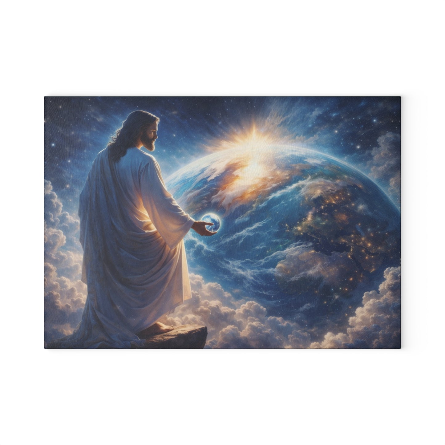 King of Creation Glass Cutting Board – Faith-Inspired Artwork Holding the World