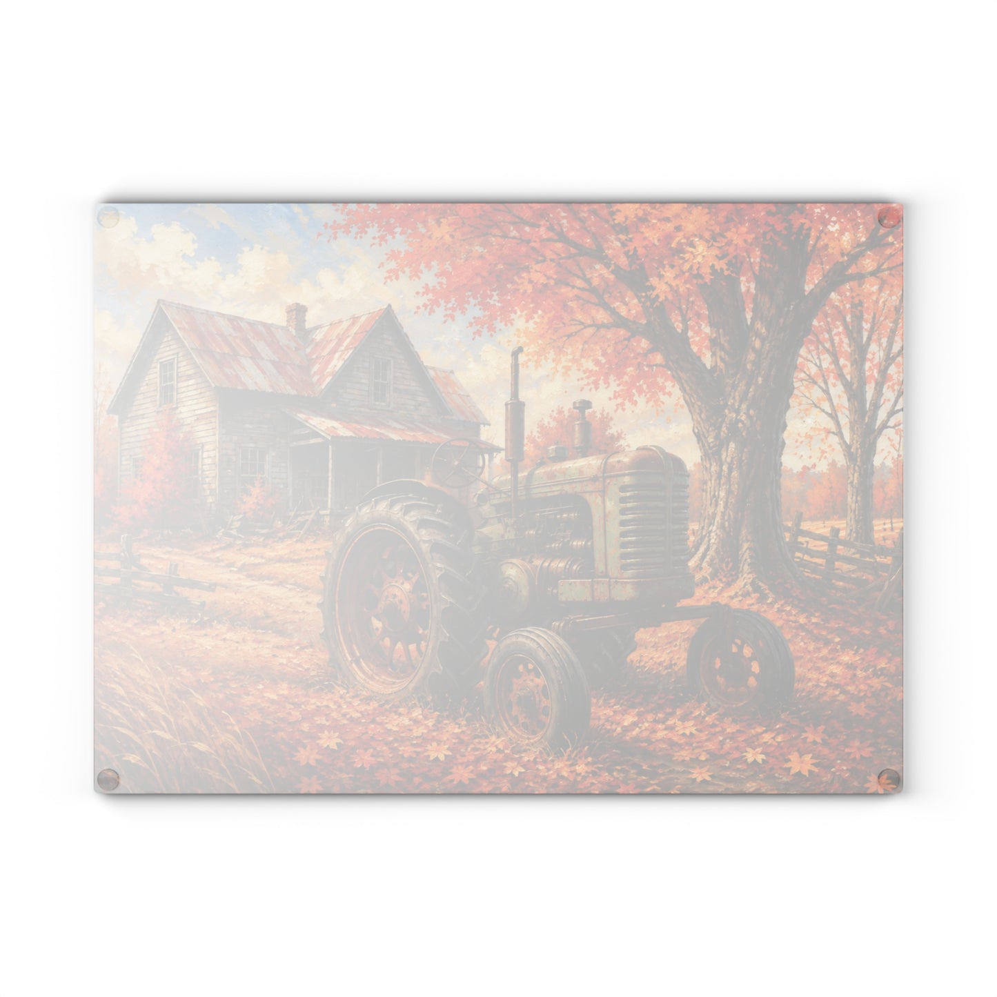 Vintage Tractor Autumn Glass Cutting Board – Rustic Farmhouse Fall Landscape with Old Country Farmhouse