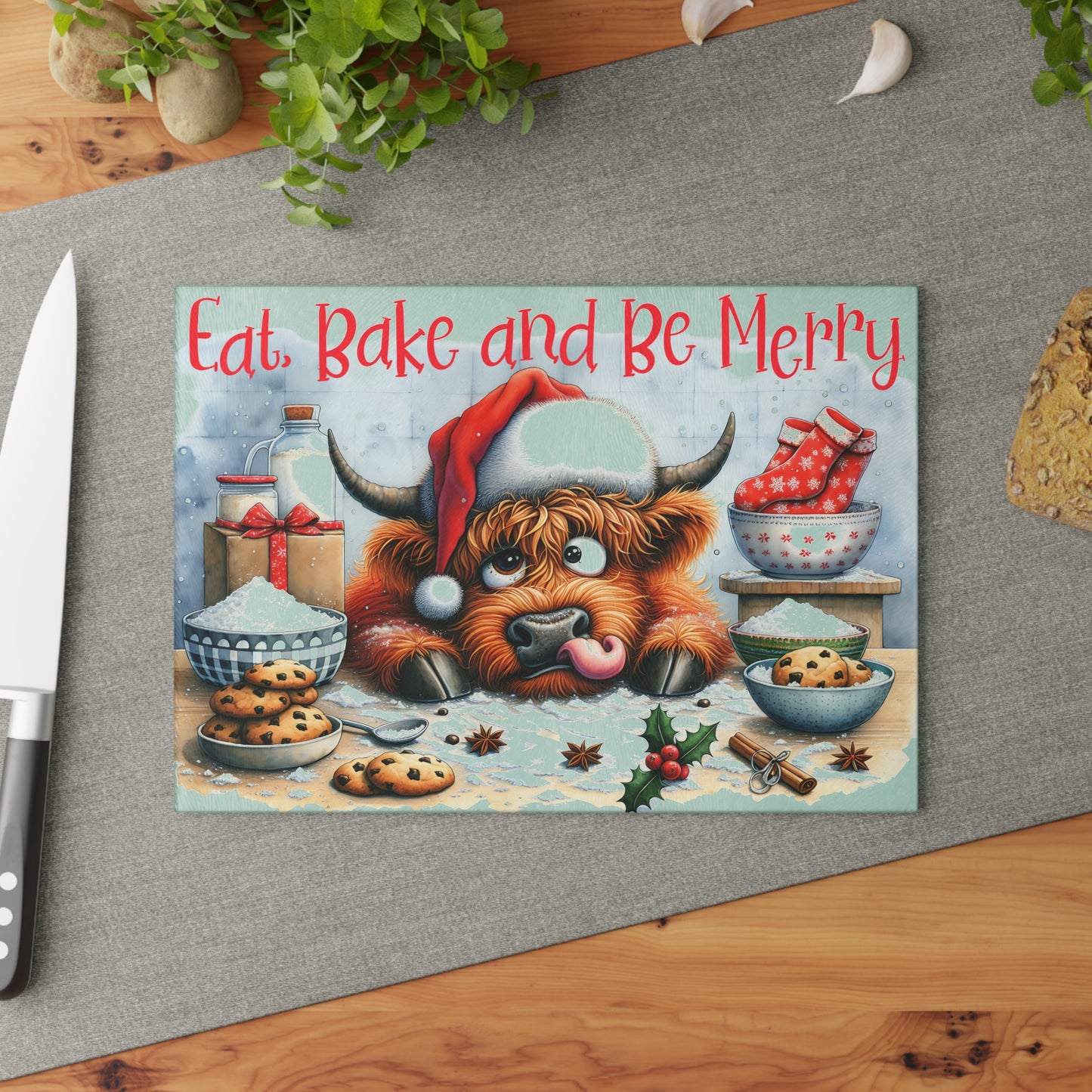 Eat, Bake and Be Merry Highland Cow Cutting Board – Festive Christmas Kitchen Cheer