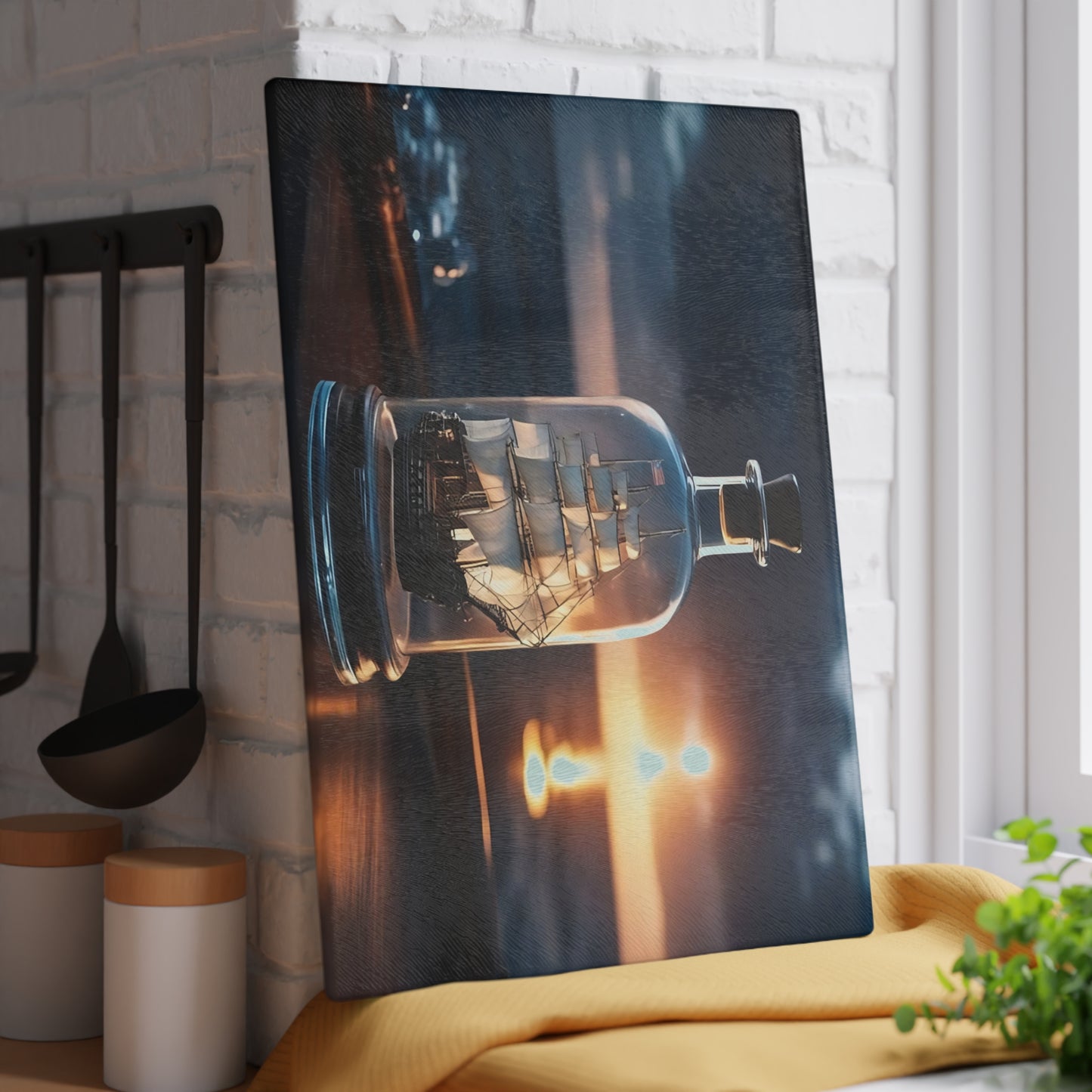 Tabla de cortar de vidrio templado con un barco antiguo en una botella: diseño de atardecer náutico