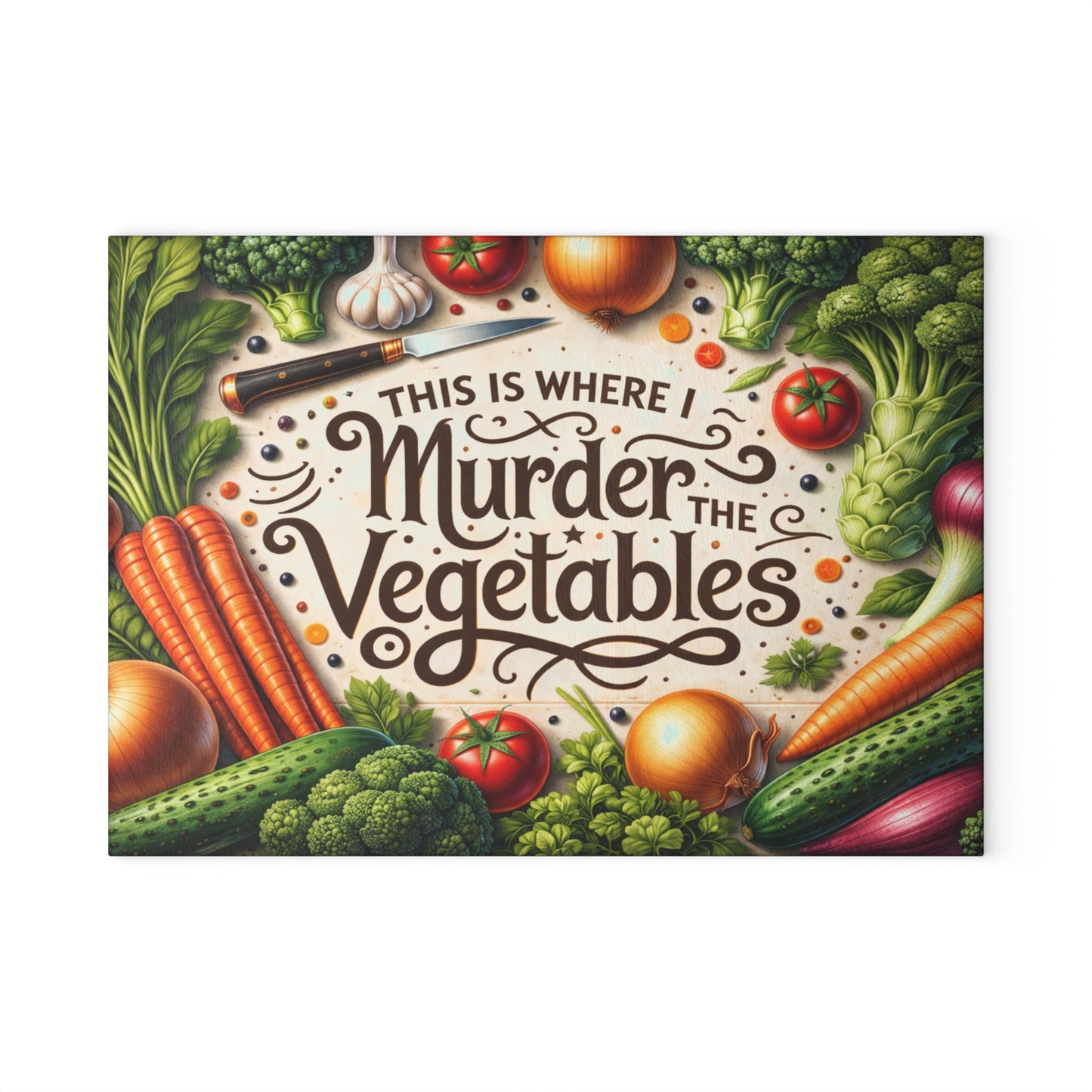 This Is Where I Murder the Vegetables Glass Cutting Board – Funny Kitchen Typography with Fresh Produce Art