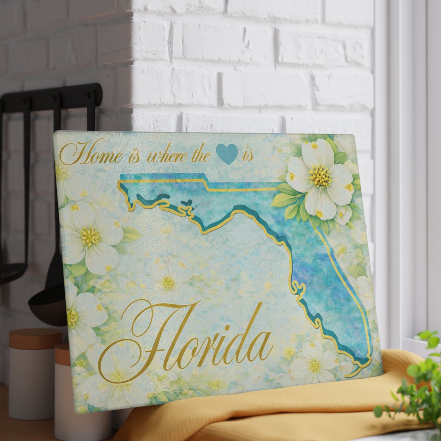 Florida State Flower Glass Cutting Board – Home Is Where the Heart Is Florida Kitchen Decor