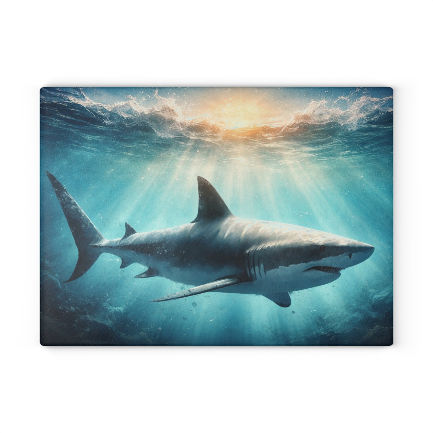 Ocean Guardian Glass Cutting Board – Majestic Shark in Sunlit Blue Waters