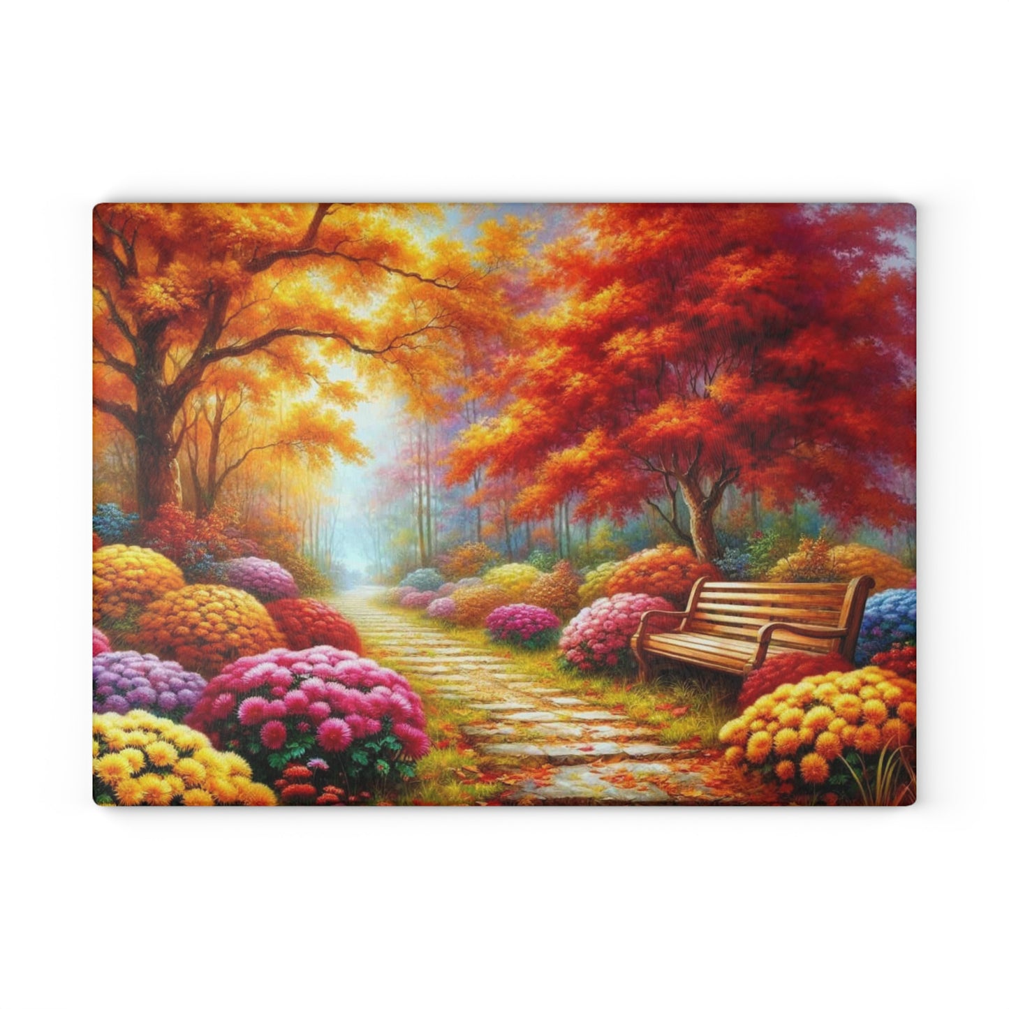🍁 Autumn Path & Park Bench – Cozy Fall Tempered Glass Cutting Board