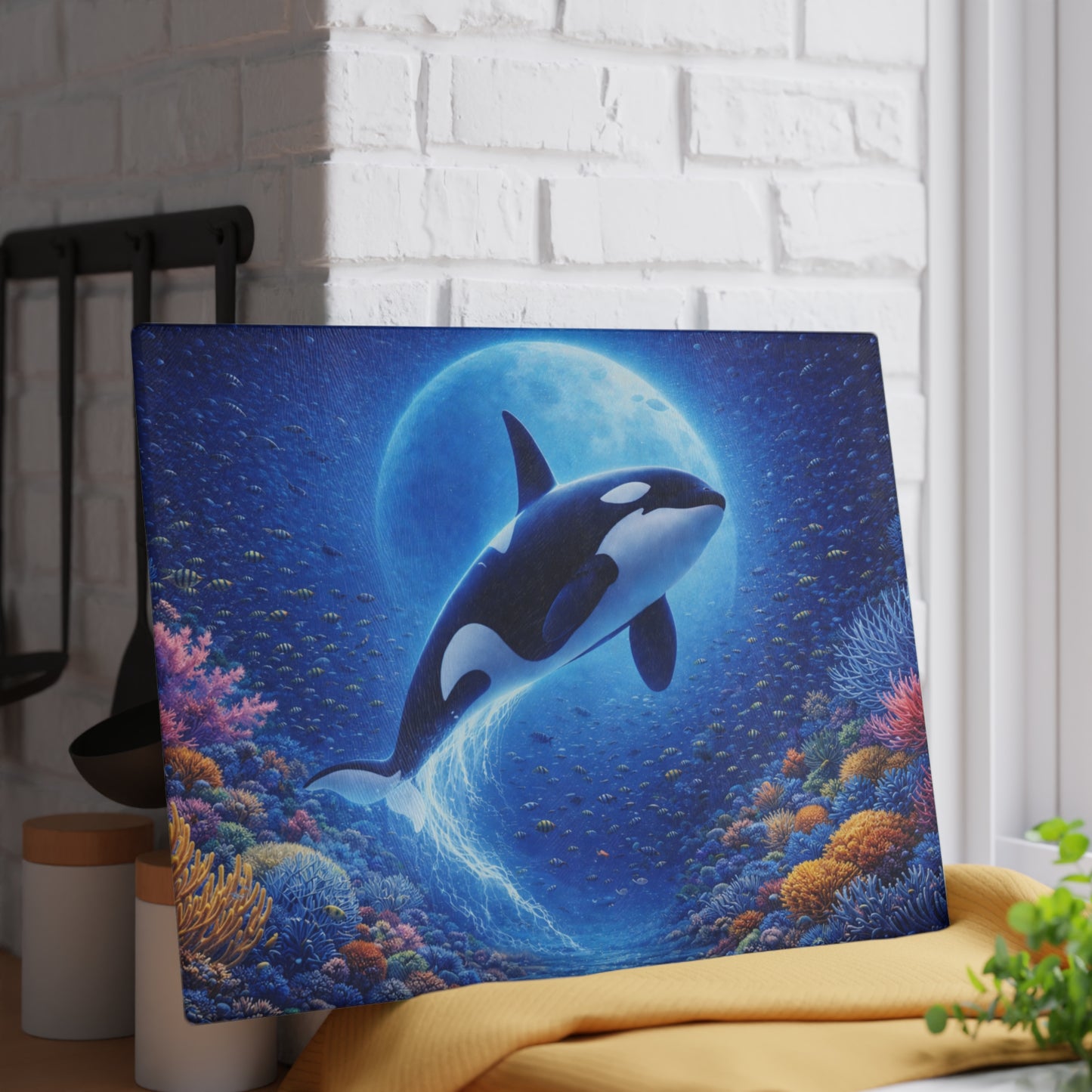 Moonlit Orca Glass Cutting Board – Majestic Ocean Night Artwork