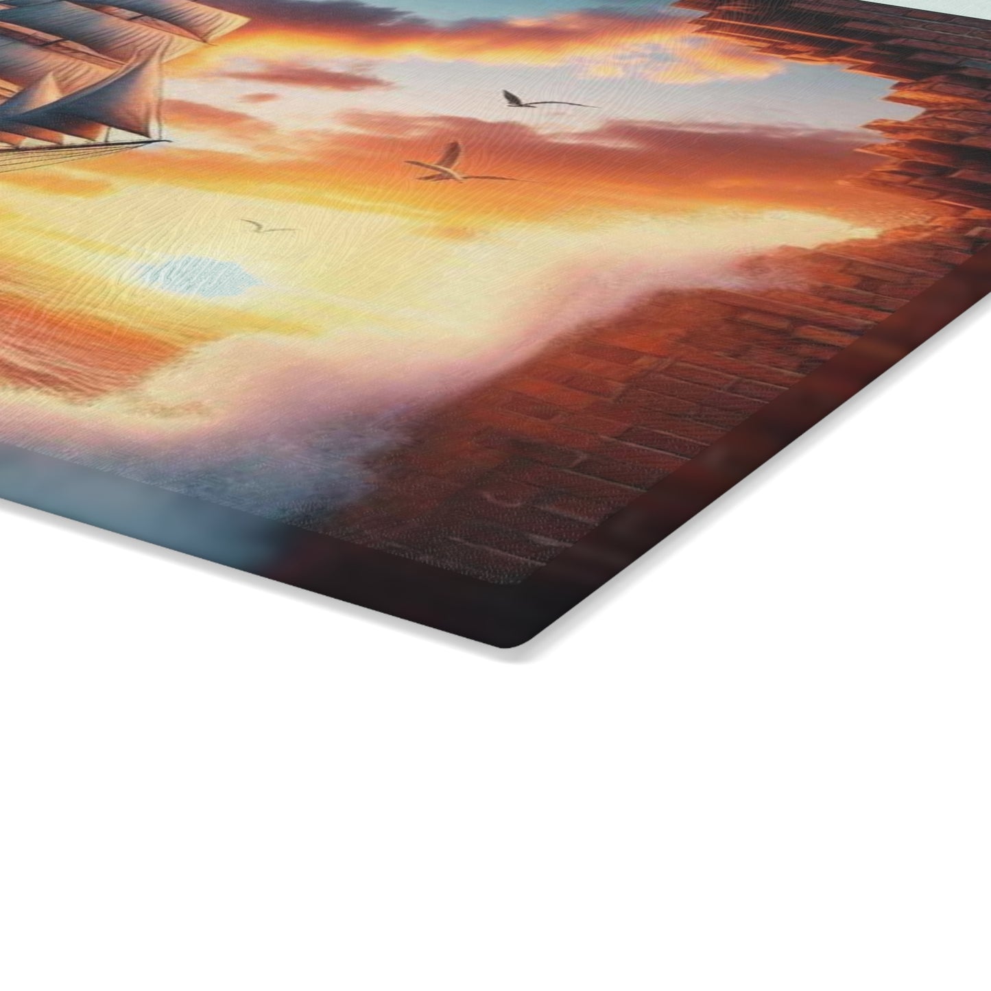 Tabla de cortar de vidrio templado de un majestuoso velero que atraviesa una pared de ladrillos desmoronada