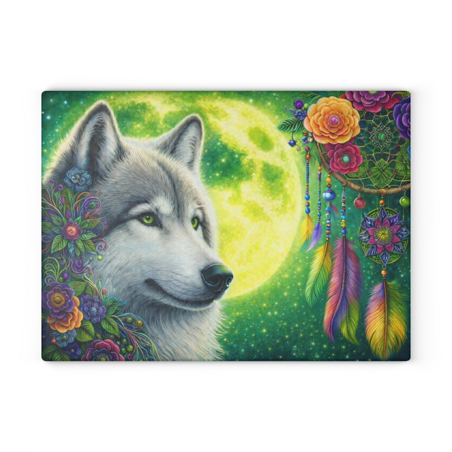 Moonlit Spirit Wolf Glass Cutting Board – Colorful Dreamcatcher Wildlife Kitchen Art