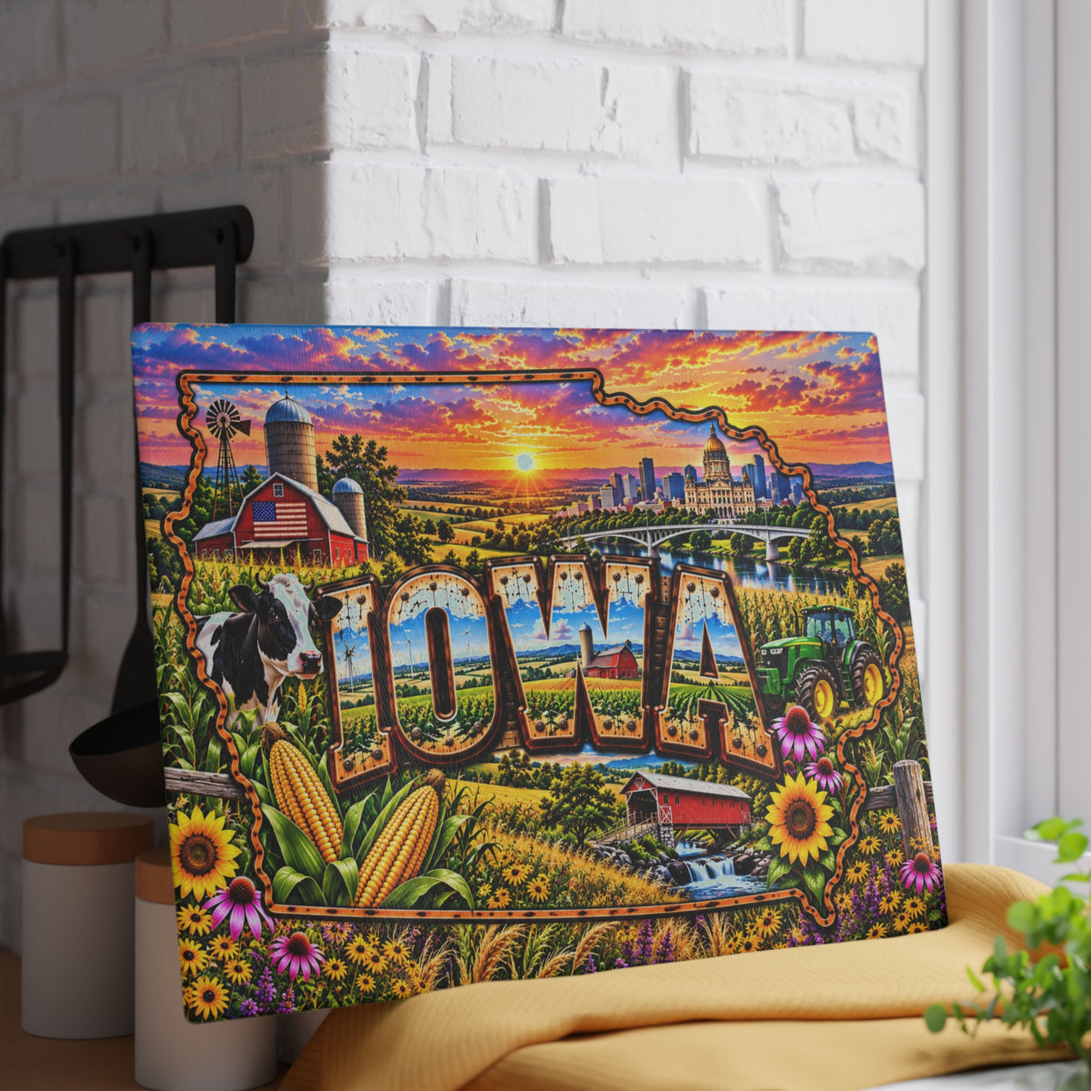 Iowa Glass Cutting Board – Iowa State Map, Farmhouse, Cornfields, Dairy Cow, Tractor & Country Sunset Kitchen Décor