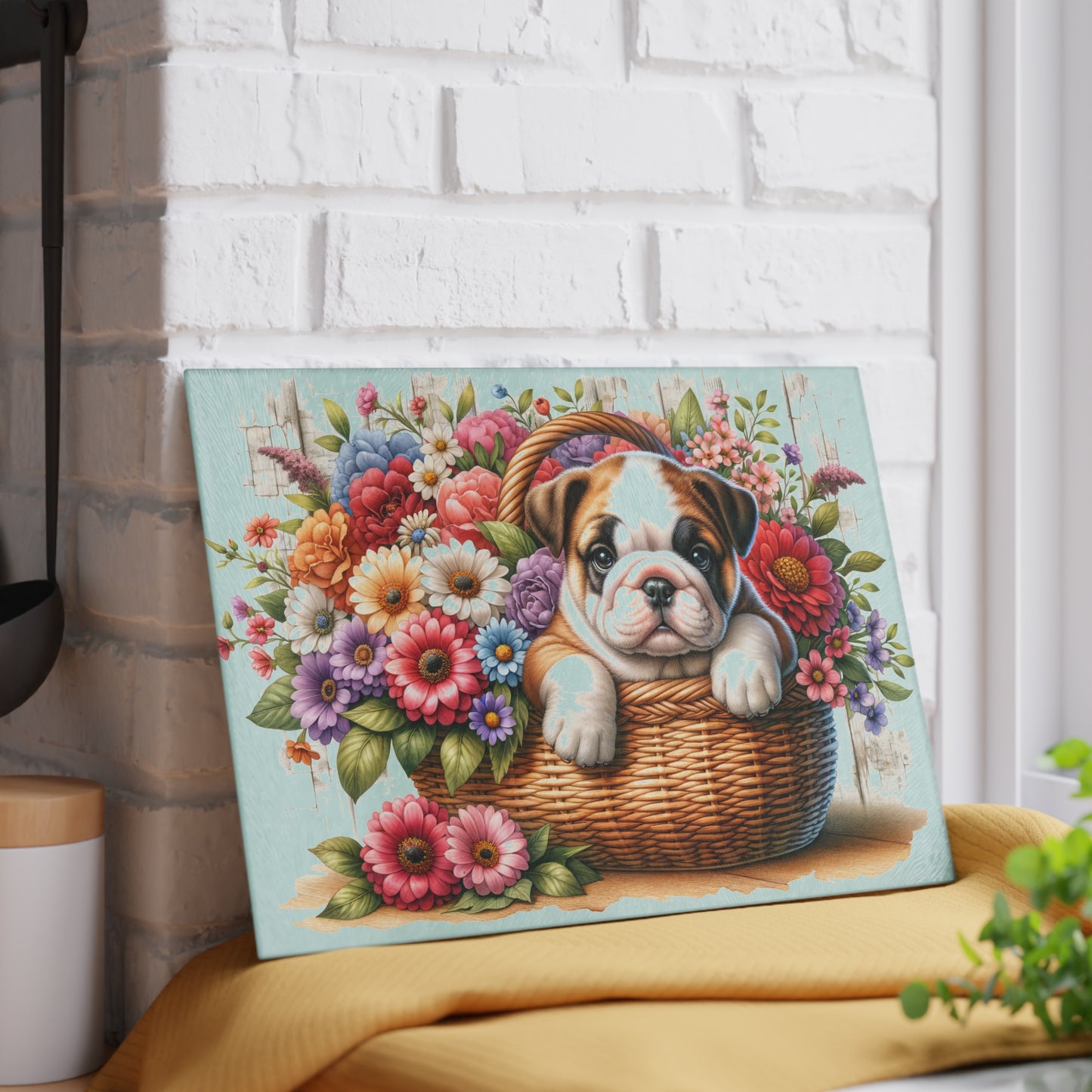 🐾 English Bulldog in Bloom Basket Cutting Board – Rustic Elegance for Your Kitchen 🌺