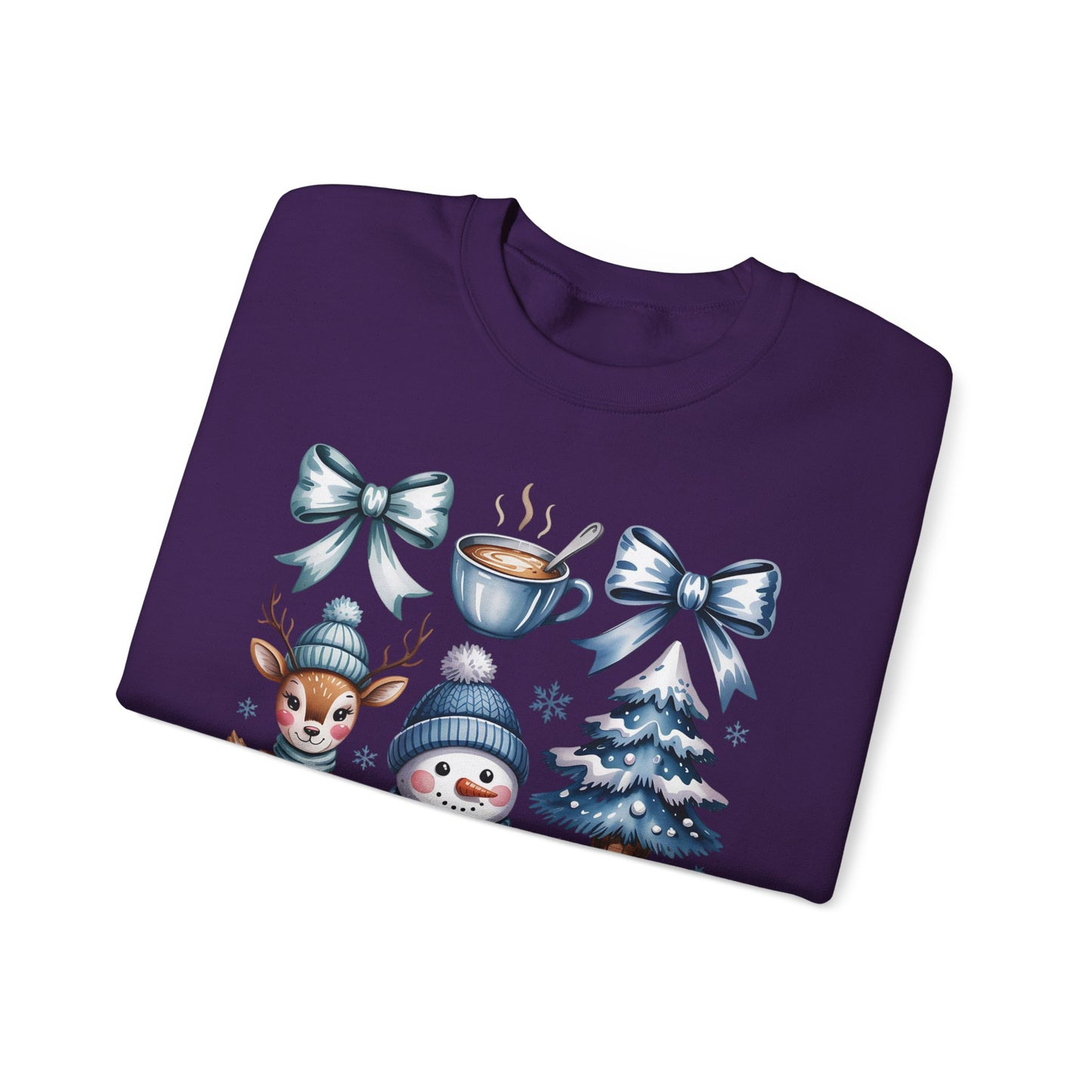 ❄️💙 Cozy Winter Vibes Crewneck – Reindeer, Snowman, Cocoa & Bows