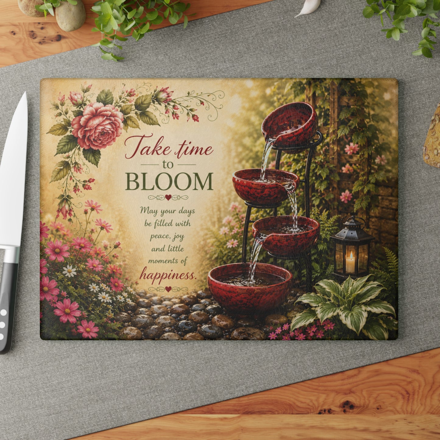 Take Time to Bloom Glass Cutting Board – Inspirational Garden Water Fountain Artwork with Peaceful Floral Design