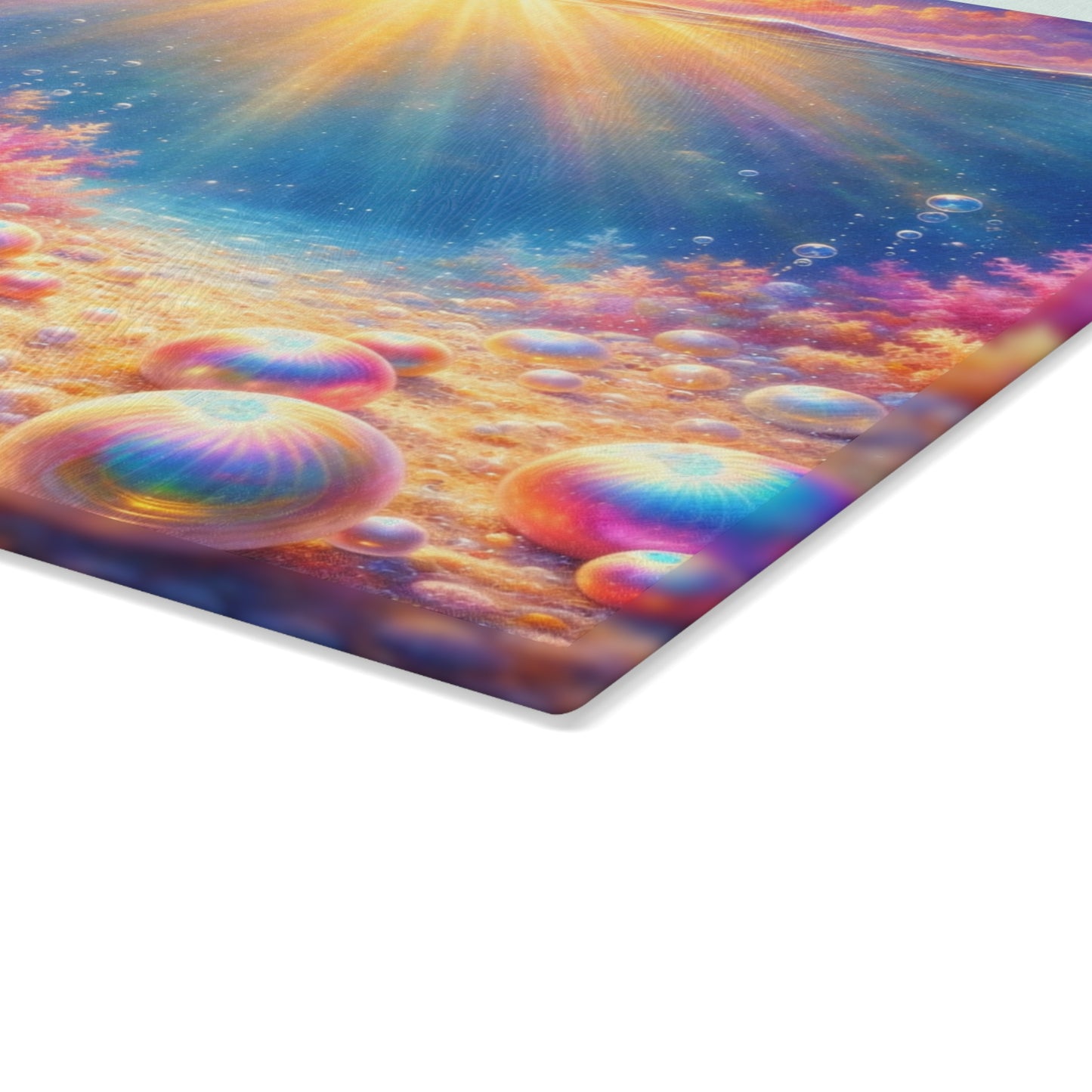 Ocean Sunrise Seashell Glass Cutting Board – Colorful Coastal Kitchen Art