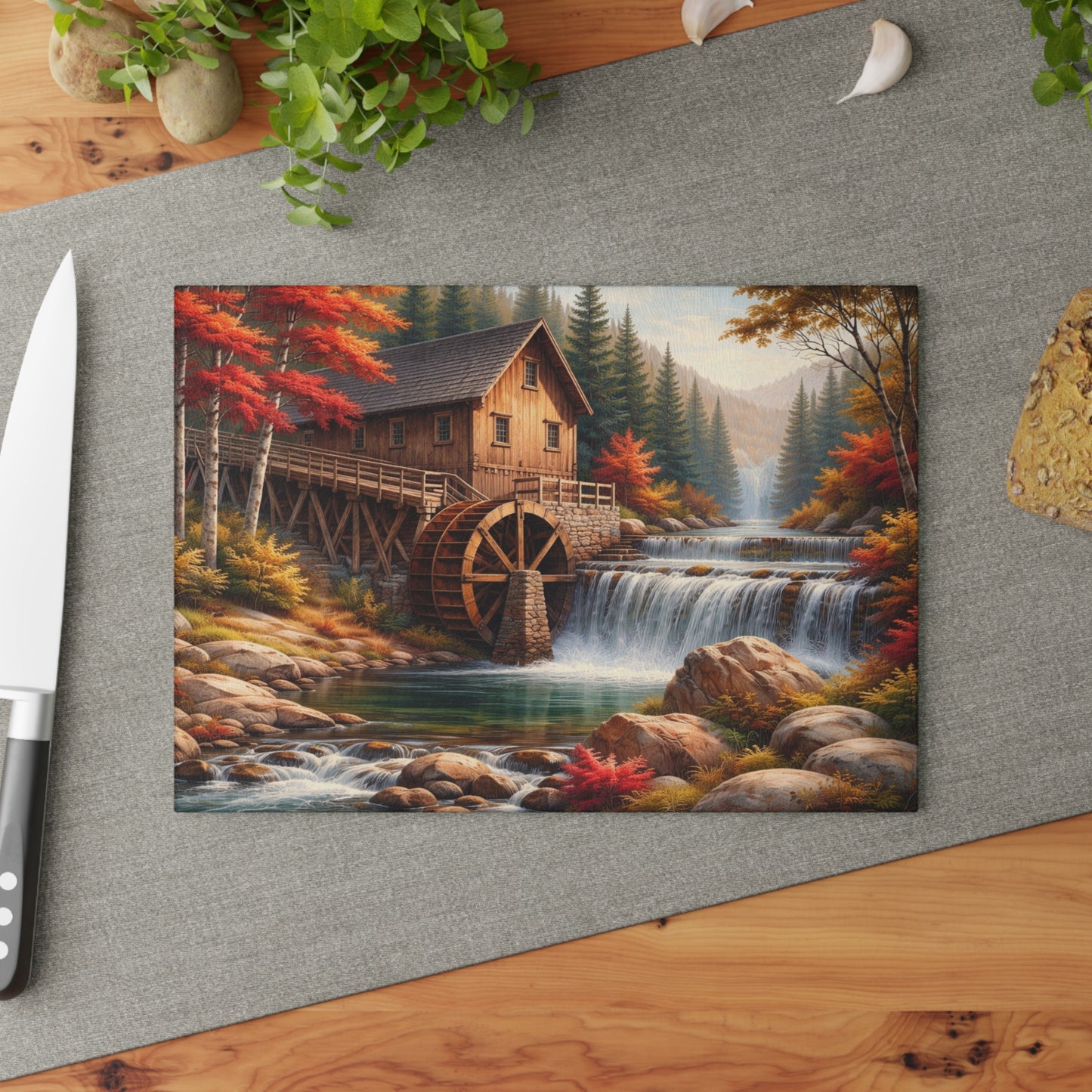 Autumn Watermill Landscape Glass Cutting Board – Rustic Mill and Waterfall Kitchen Art