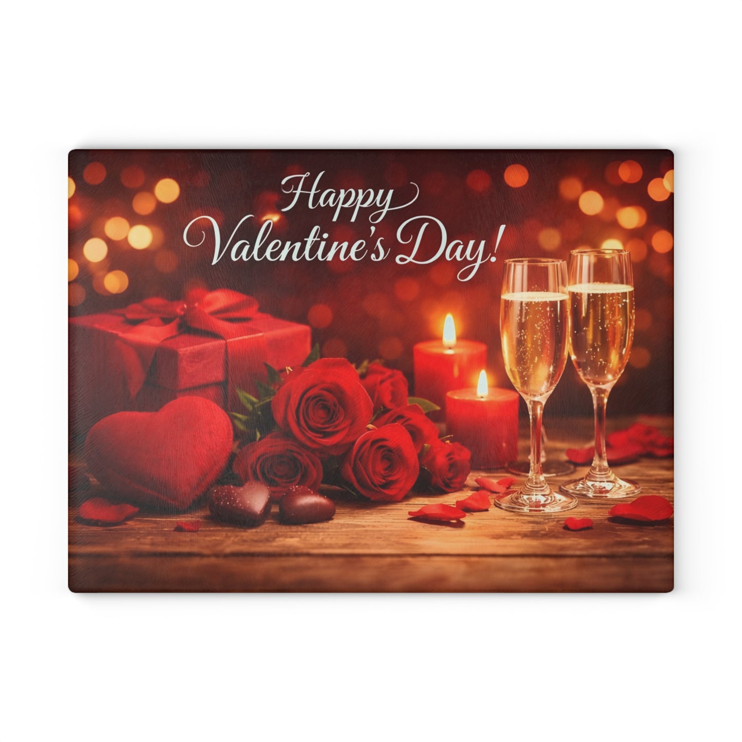 Happy Valentine’s Day Champagne & Roses Glass Cutting Board – Romantic Evening Kitchen Accent
