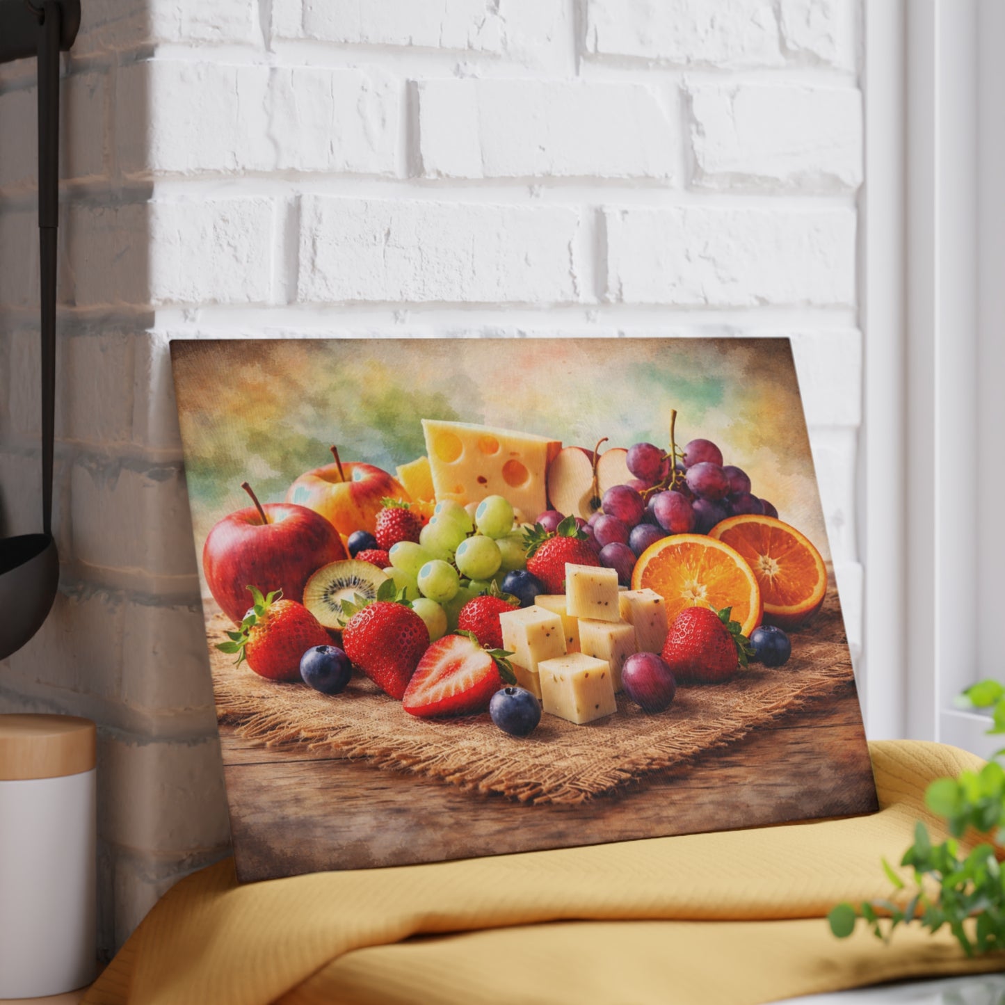 Farmhouse Fruit and Cheese Still Life Glass Cutting Board – Rustic Kitchen Art with Vibrant Harvest Colors