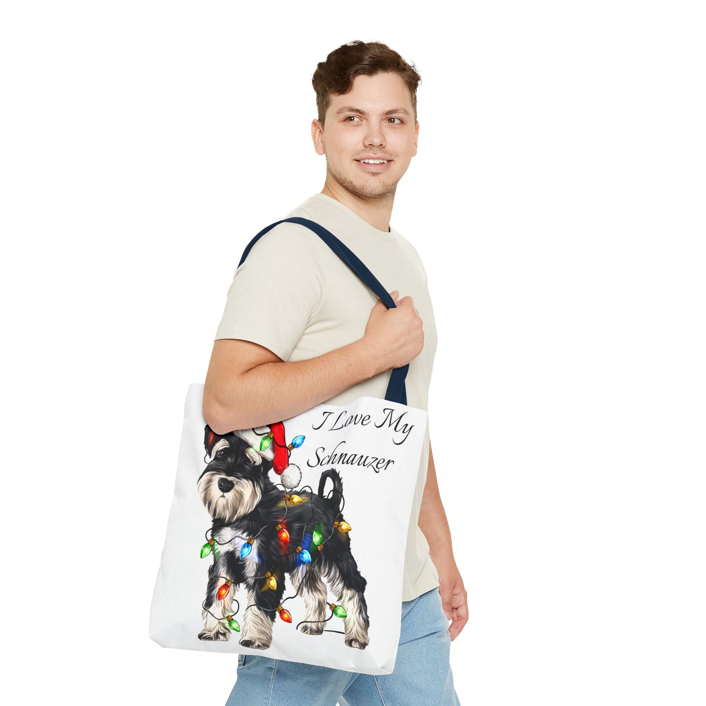 🎄 I Love My Schnauzer Tote Bag – Christmas Lights & Holiday Woofs 🐾