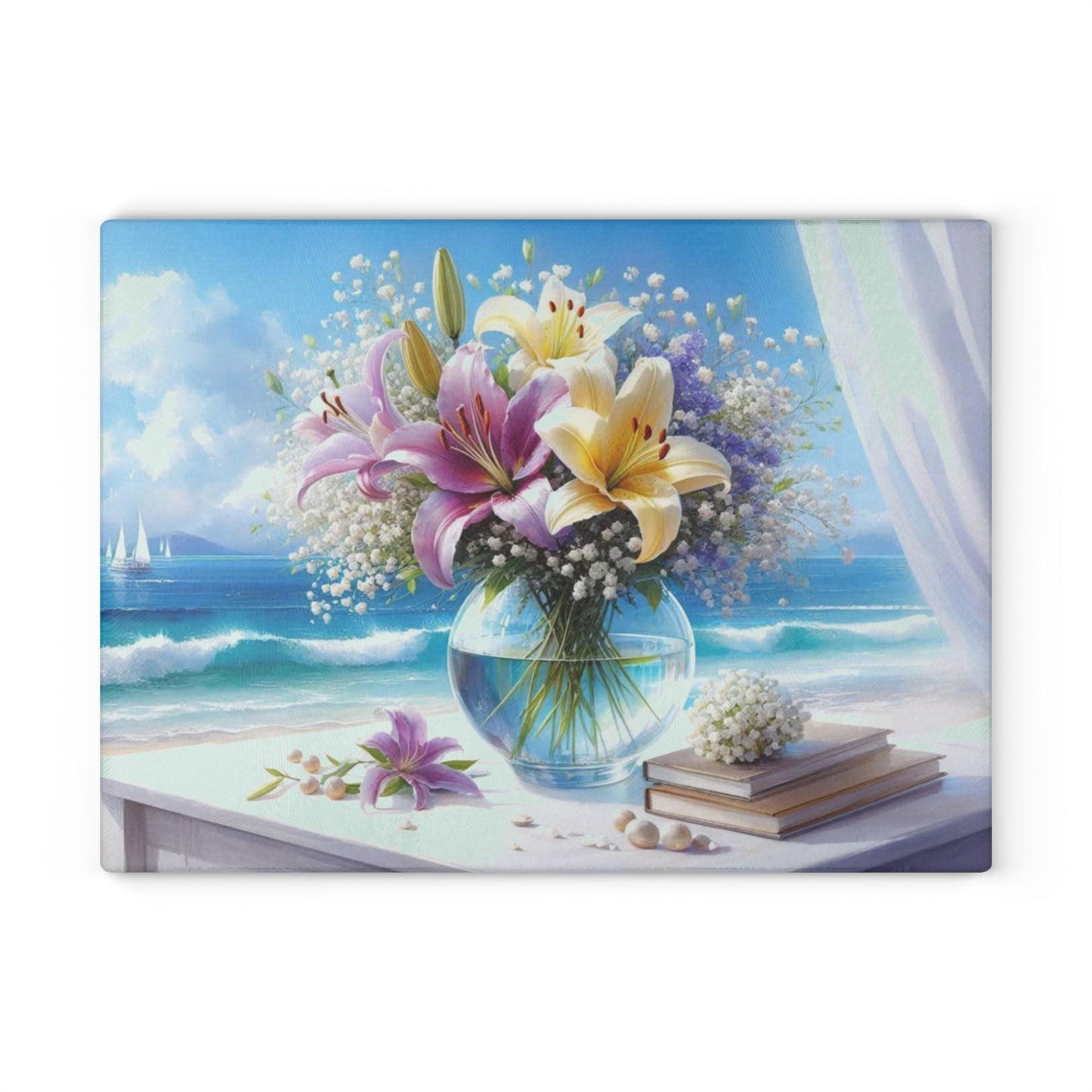 Tabla de cortar Ocean Breeze Lily: elegante decoración de cocina con escena playera floral