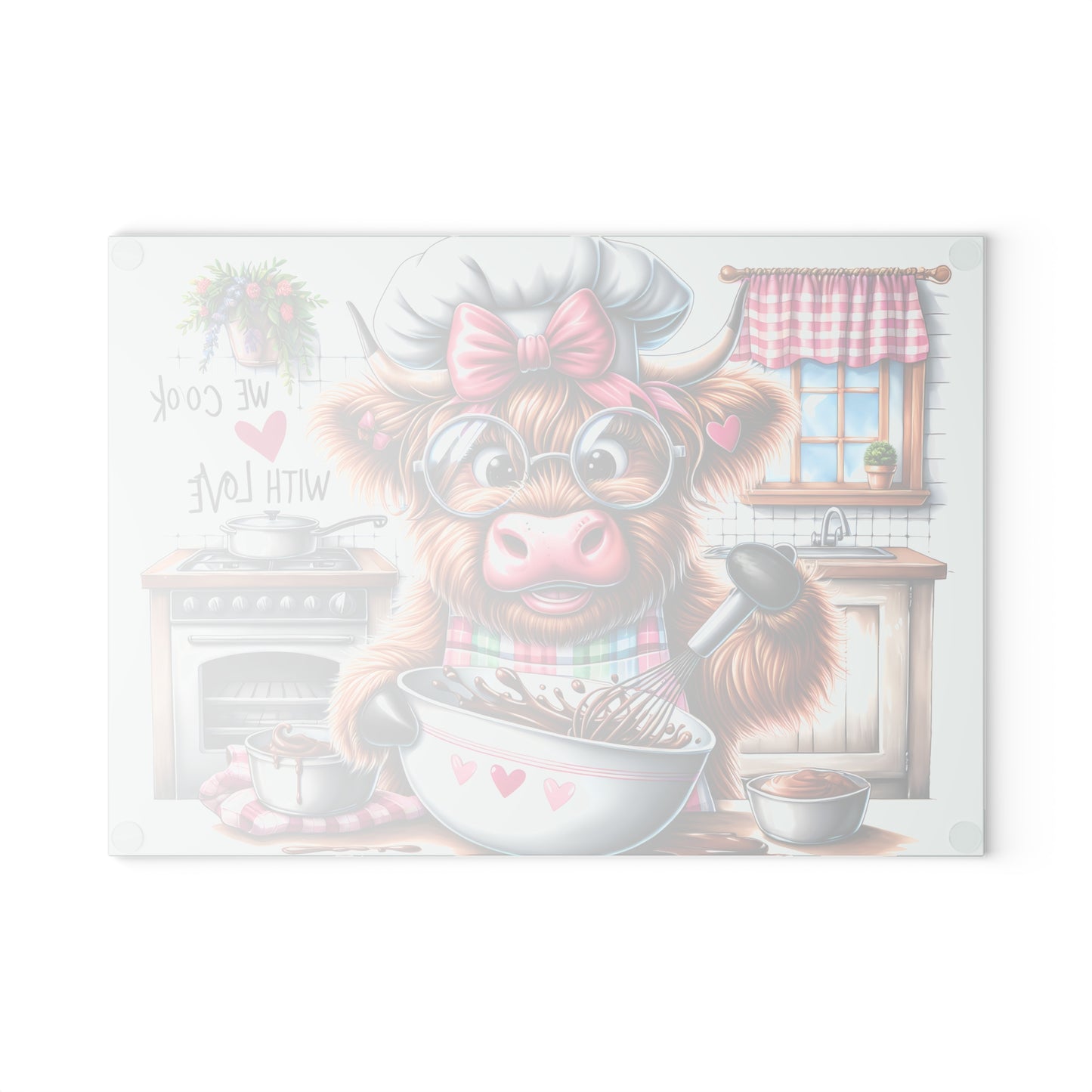 🐮 Sweet Highland Cow Baking Cutting Board – "We Cook With Love" Kitchen Whimsy