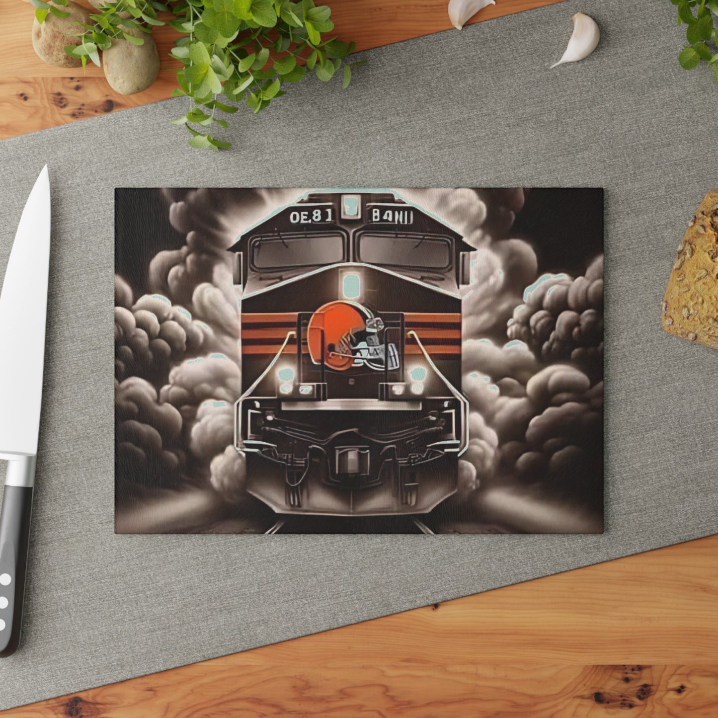 Brown & Orange Express Glass Cutting Board – Classic Train Design for Warm Rustic Kitchens