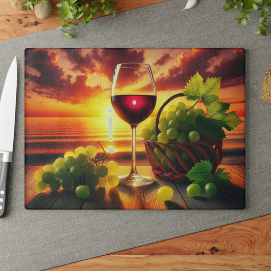🍷🌅 Sunset Sips – Wine and Grapes Glass Cutting Board for Elegant Kitchen Vibes 🍇
