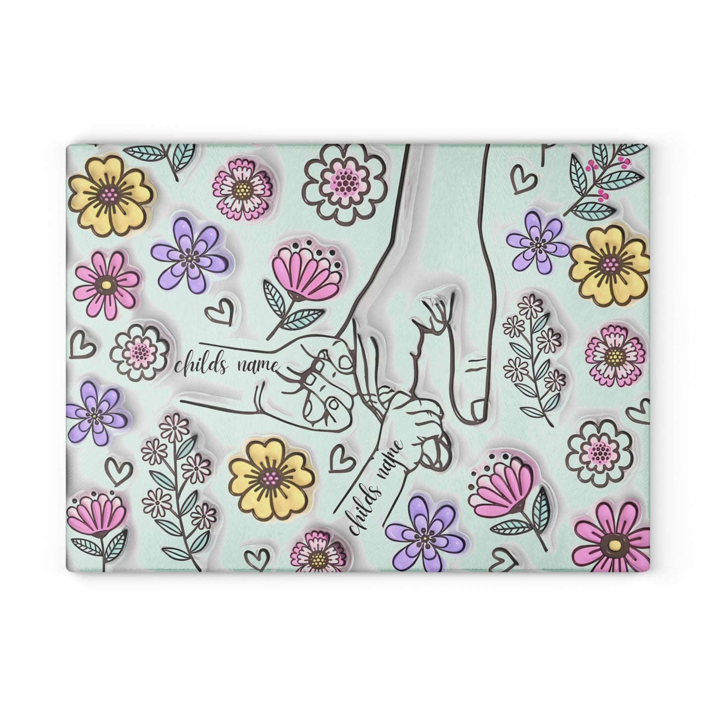 Tabla de cortar de vidrio templado personalizada con manos de madre | Arte floral 3D | Nombres personalizados para niños | Regalo para el Día de la Madre