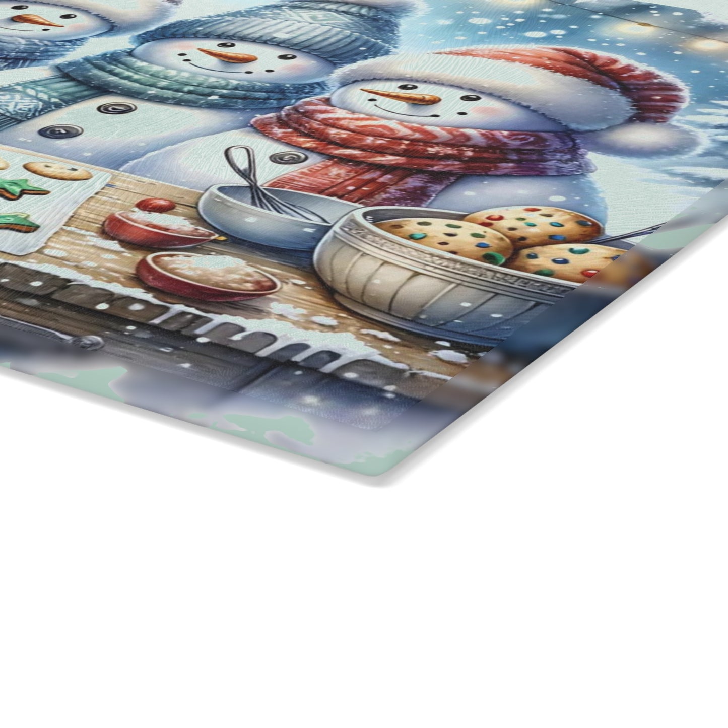 ⛄️🍪 “Snowman Cookie Crew” Glass Cutting Board – Cozy Charm for Your Kitchen