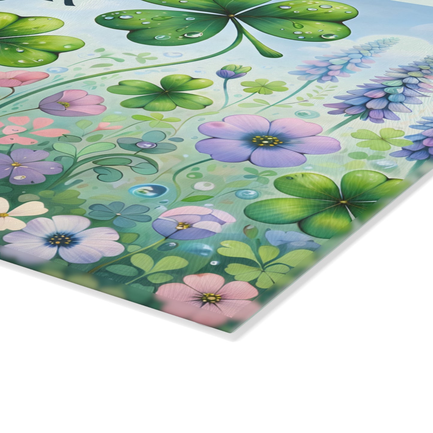 Charmed by Luck Floral Shamrock Glass Cutting Board – Whimsical St. Patrick’s Day Kitchen Art