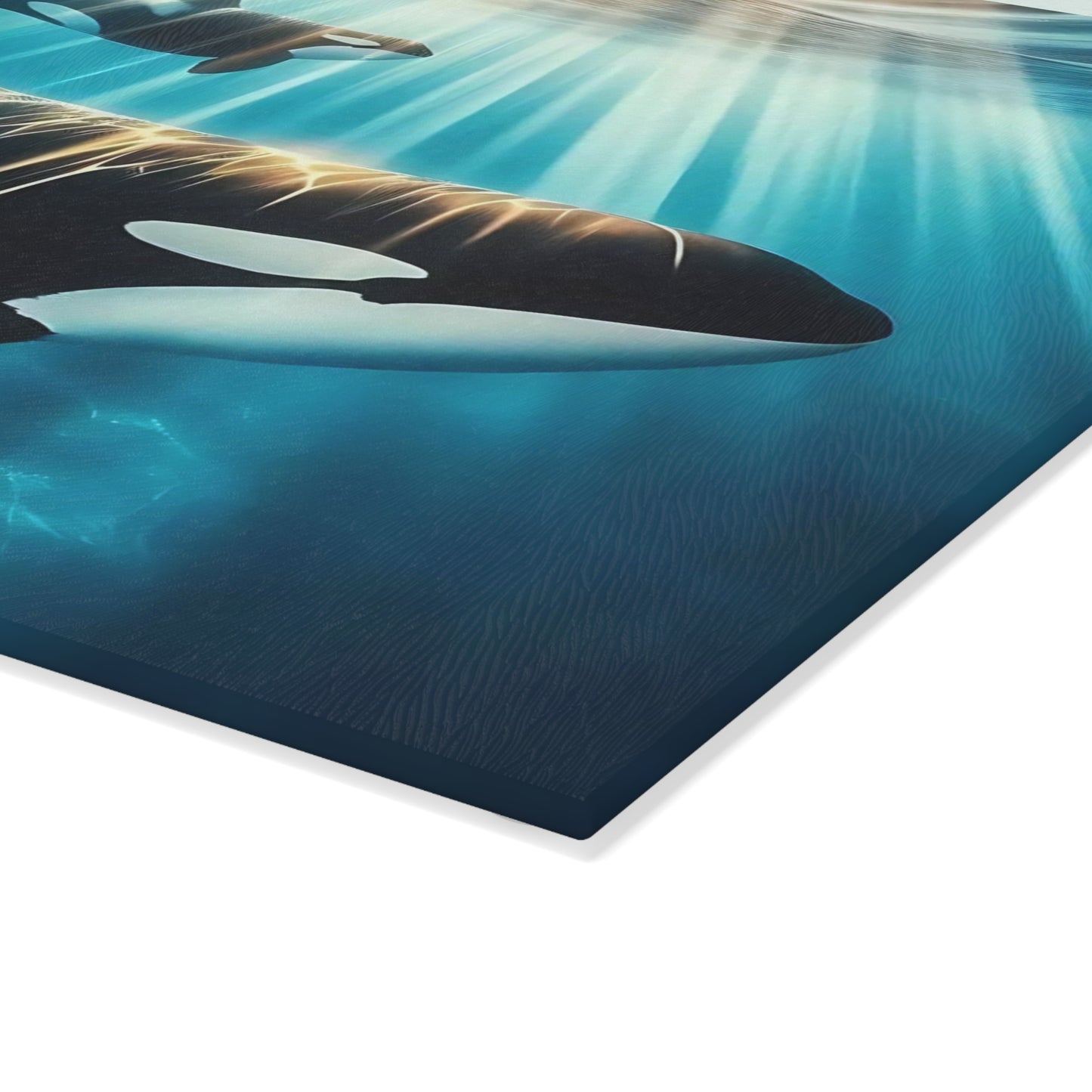 Ocean Guardians Glass Cutting Board – Orca Family Beneath Sunlit Waters
