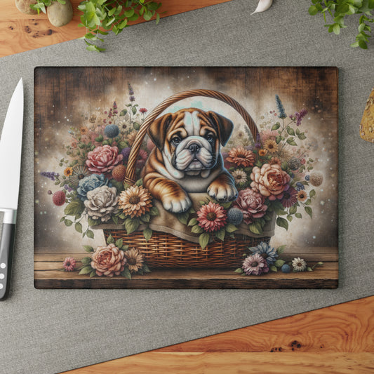 🐶🌸 Bulldog in Basket Cutting Board – Rustic Charm for Your Kitchen 🌼