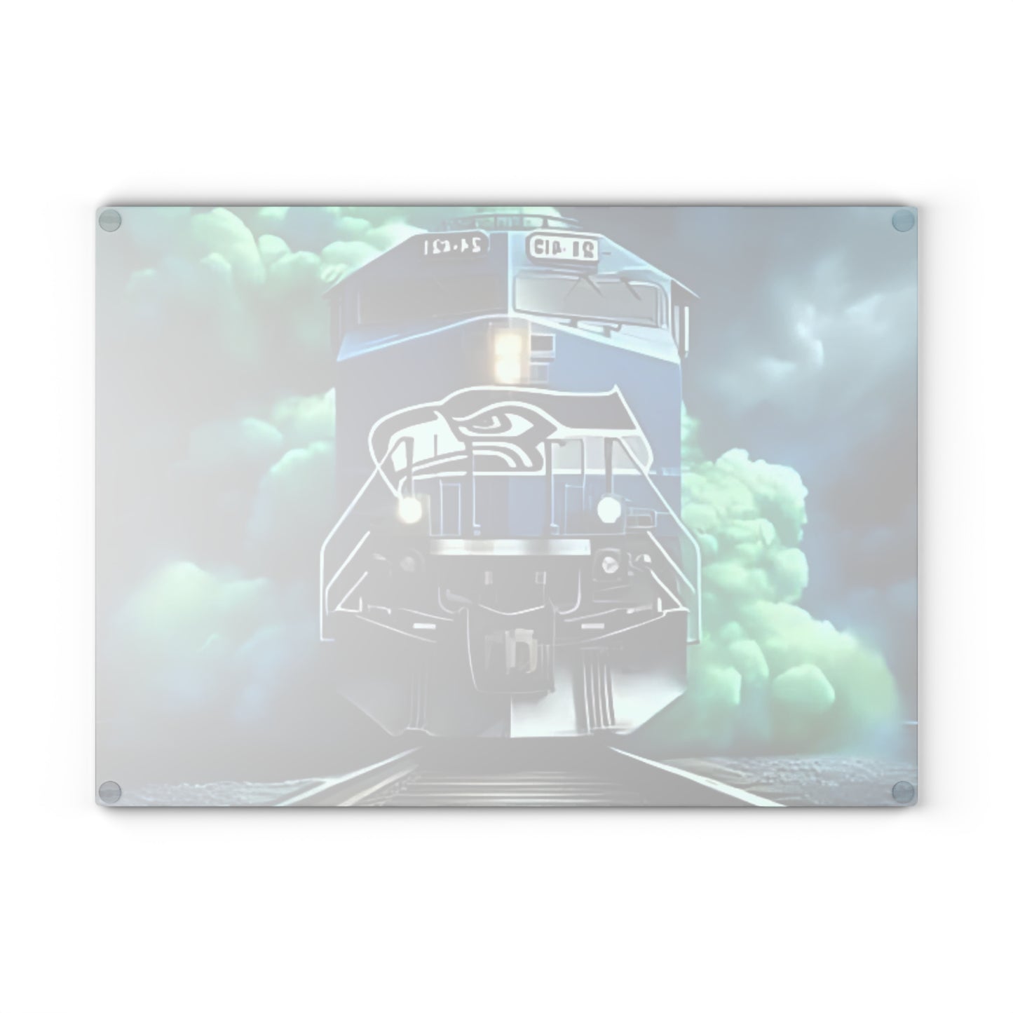 Navy & Bright Green Express Glass Cutting Board – Bold Train Art for Modern Kitchens