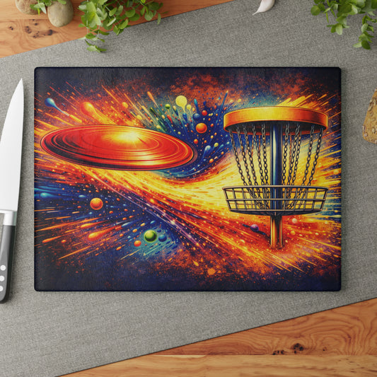 Disc Golf Power Shot Glass Cutting Board – Bold Color Splash Sports Artwork