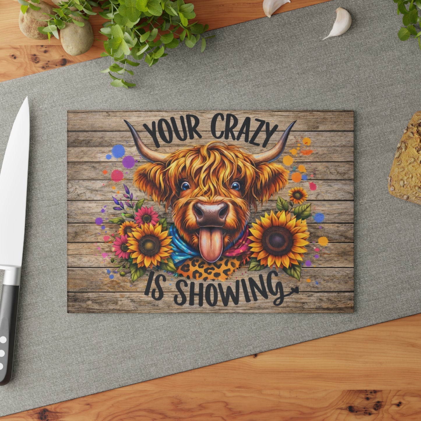 Your Crazy Is Showing Highland Cow Glass Cutting Board – Fun Farmhouse Kitchen Decor