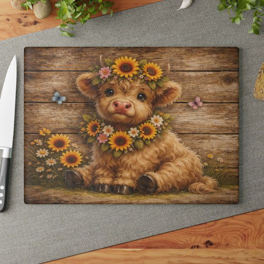 Floral Highland Calf Glass Cutting Board – Rustic Farmhouse Wood Background