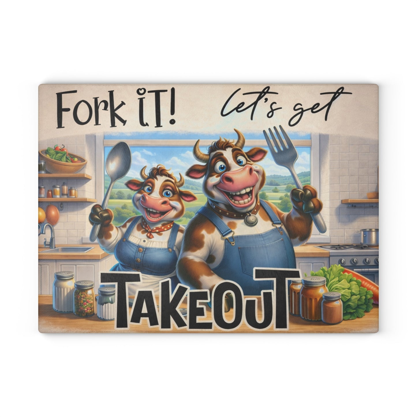 Fork It! Takeout Glass Cutting Board – Playful Cow Kitchen Art with Farmhouse Humor