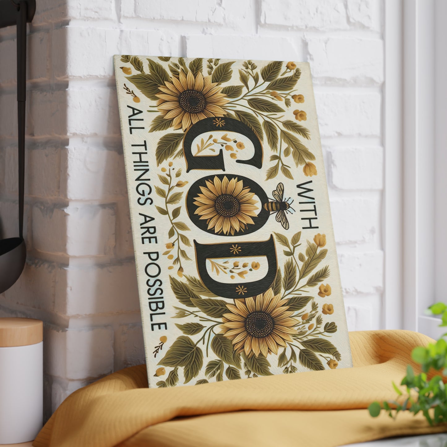 🌻🐝 With God All Things Are Possible Sunflower Cutting Board – Faithful Elegance for Your Kitchen 🐝🌻