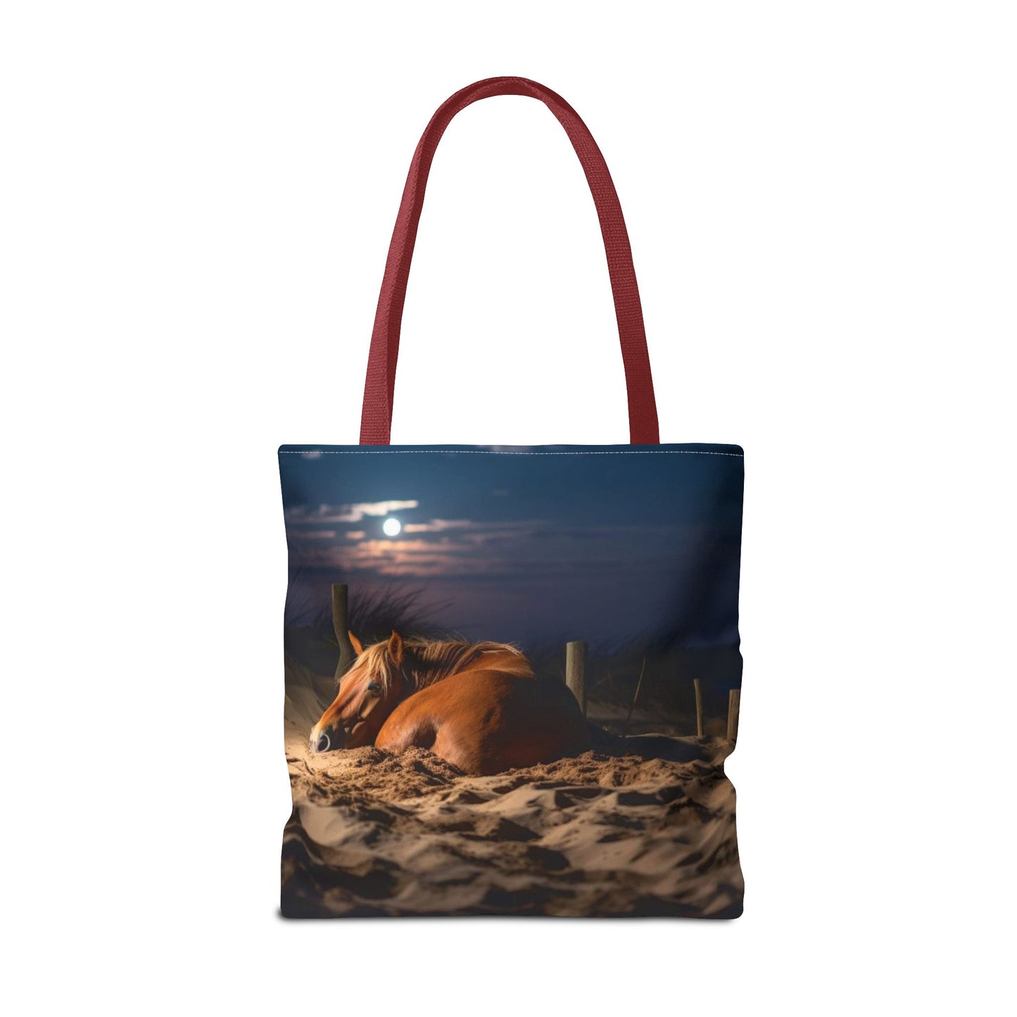 Bolsa de tela "Caballo durmiendo en la playa bajo la luz de la luna": una escapada serena a cada paso