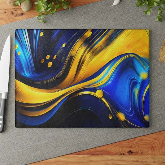 Blue & Gold Abstract Glass Cutting Board – Modern Fluid Art Kitchen Decor