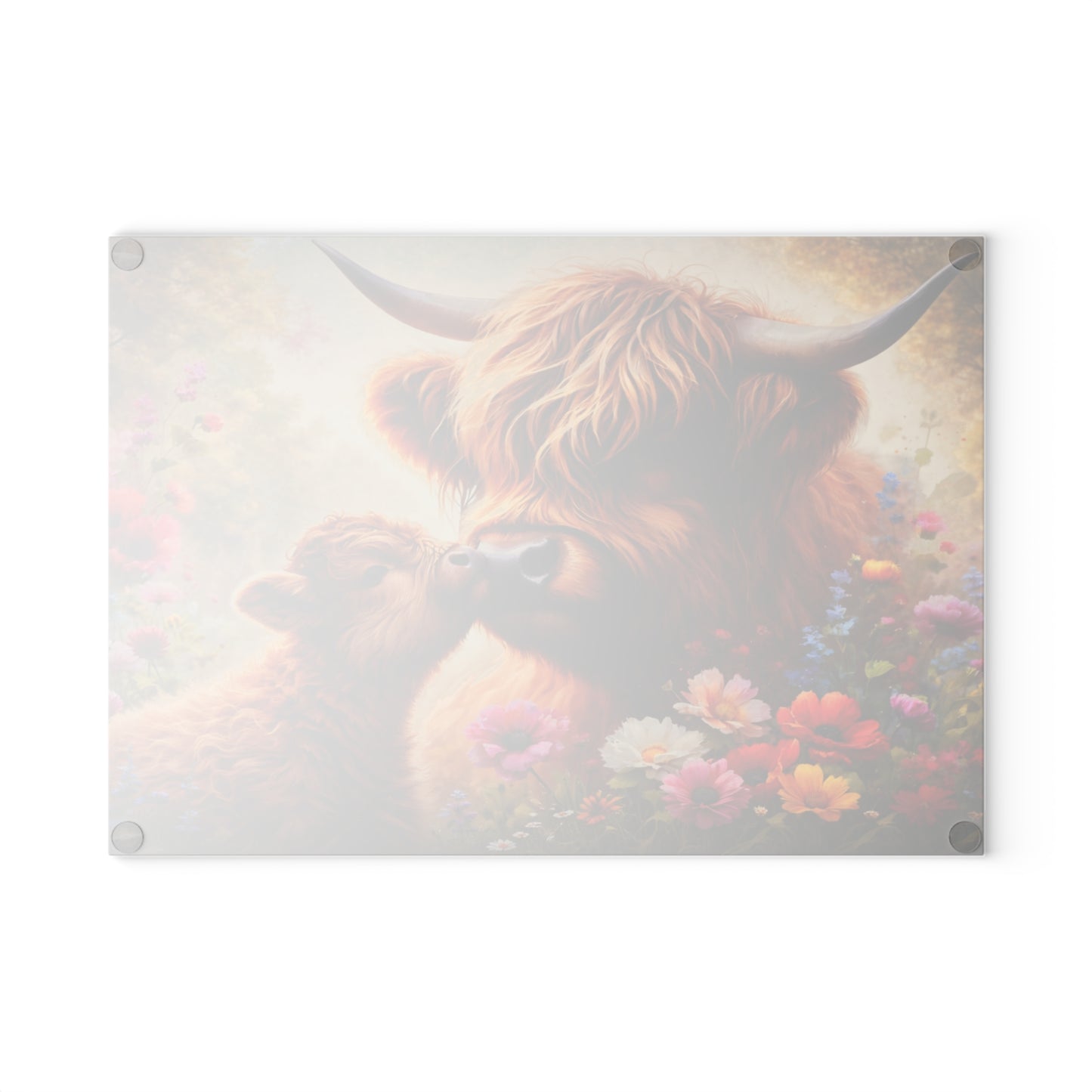 Highland Cow and Calf Floral Glass Kitchen Surface – Warm Farmhouse Style Artwork