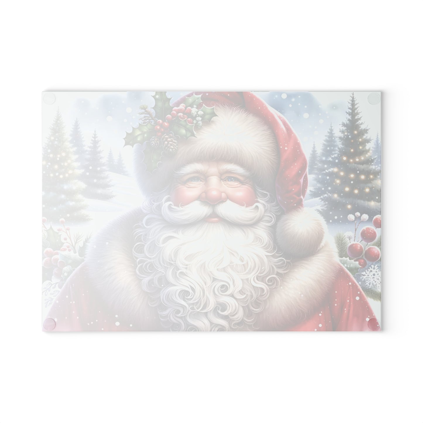 🎅✨ “Jolly Santa in the Pines” Glass Cutting Board – Cozy Charm for Your Kitchen
