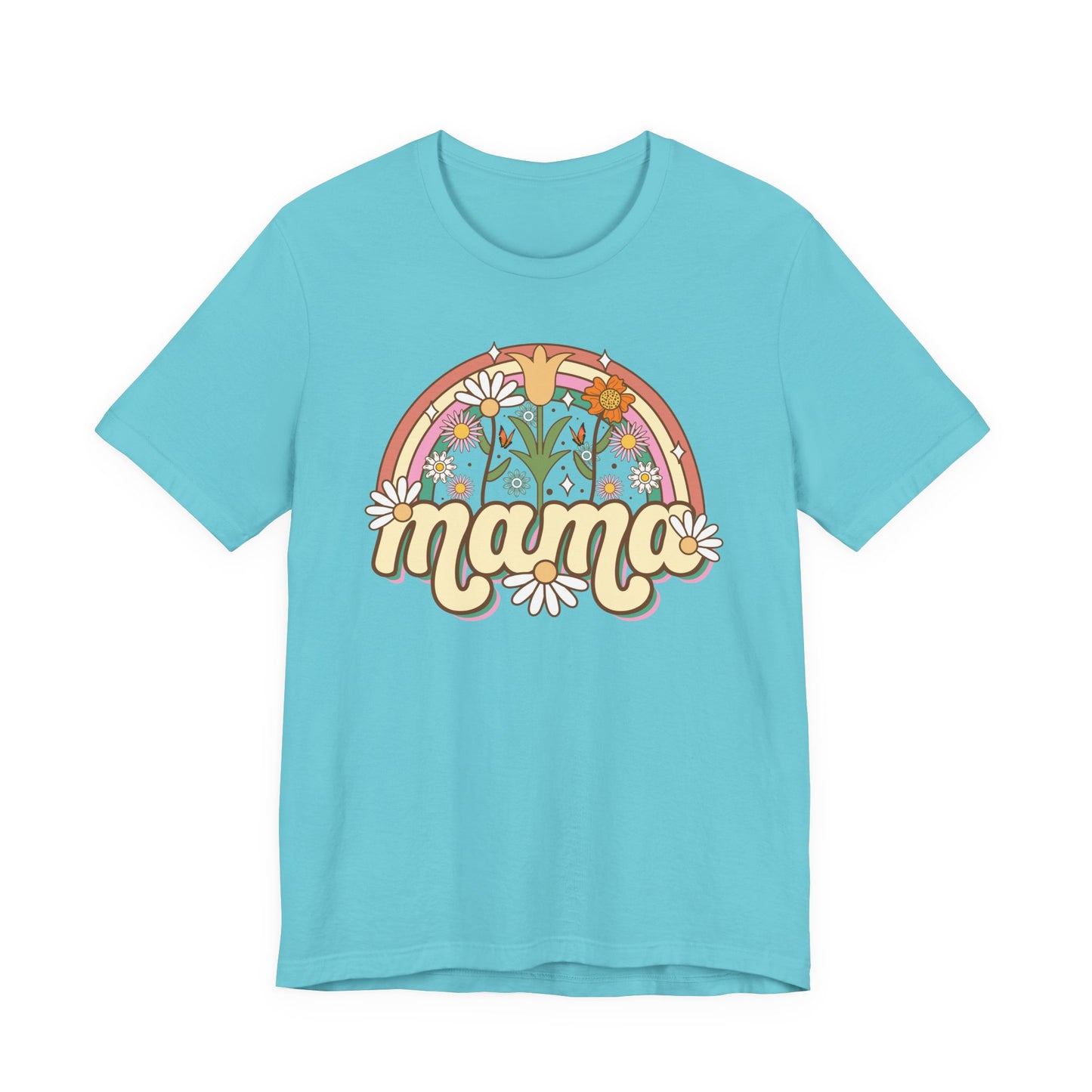 🌼🌈 Retro Floral Mama T-Shirt – Boho Rainbow Graphic Tee for Moms 🌻✨