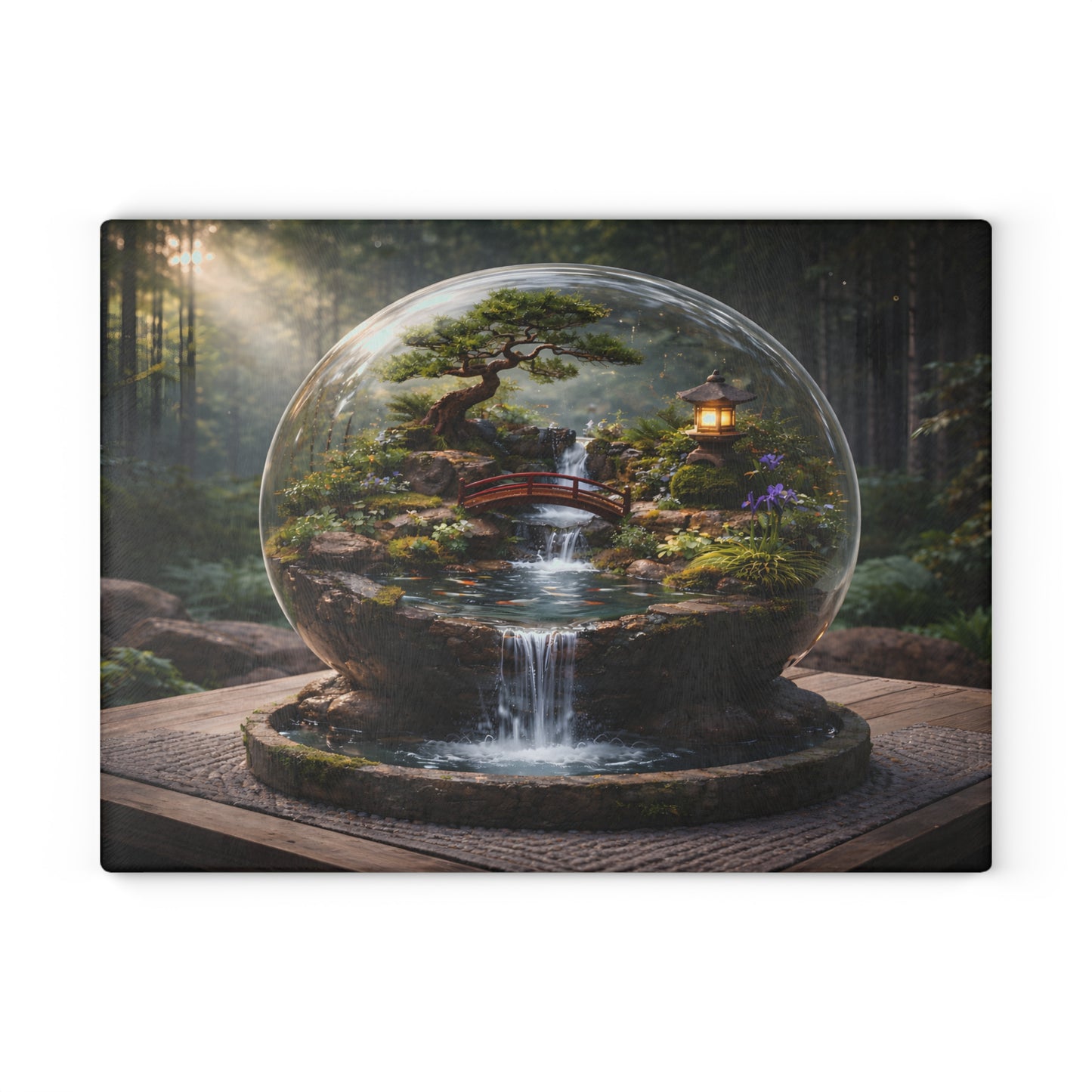 Zen Garden Waterfall Globe Glass Cutting Board – Tranquil Japanese-Inspired Nature Art