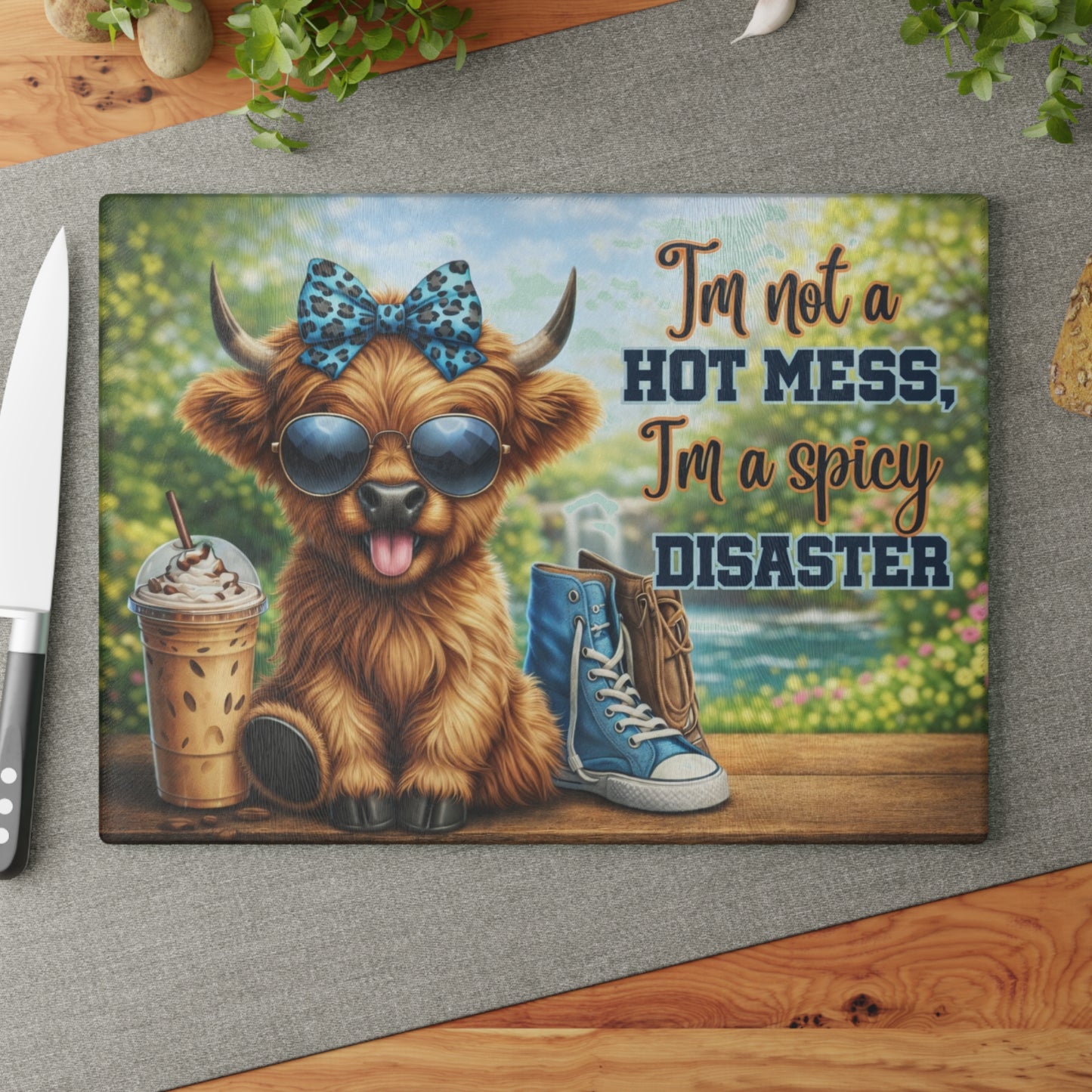 I’m Not a Hot Mess, I’m a Spicy Disaster Glass Cutting Board – Sassy Highland Cow Kitchen Artwork