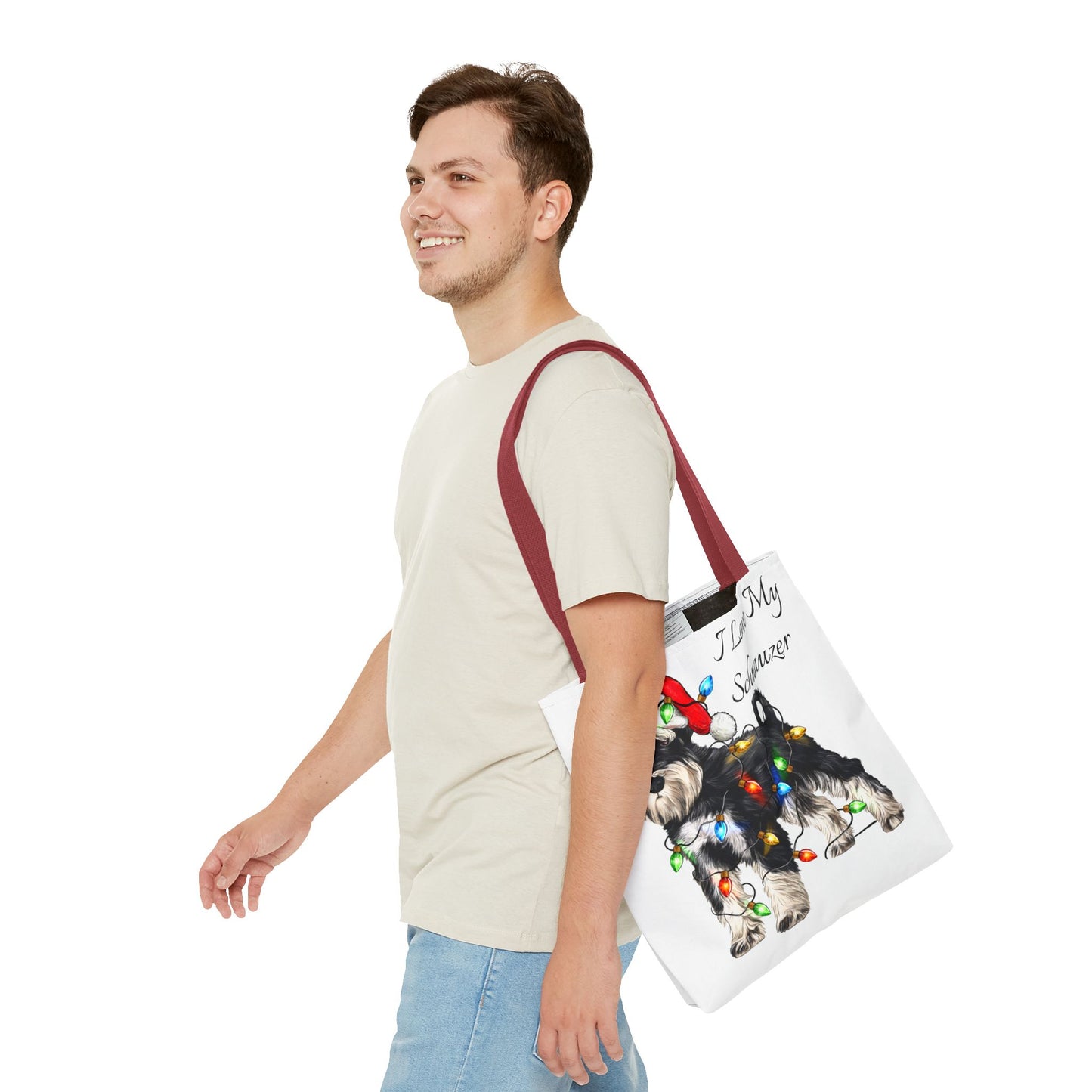 🎄 I Love My Schnauzer Tote Bag – Christmas Lights & Holiday Woofs 🐾