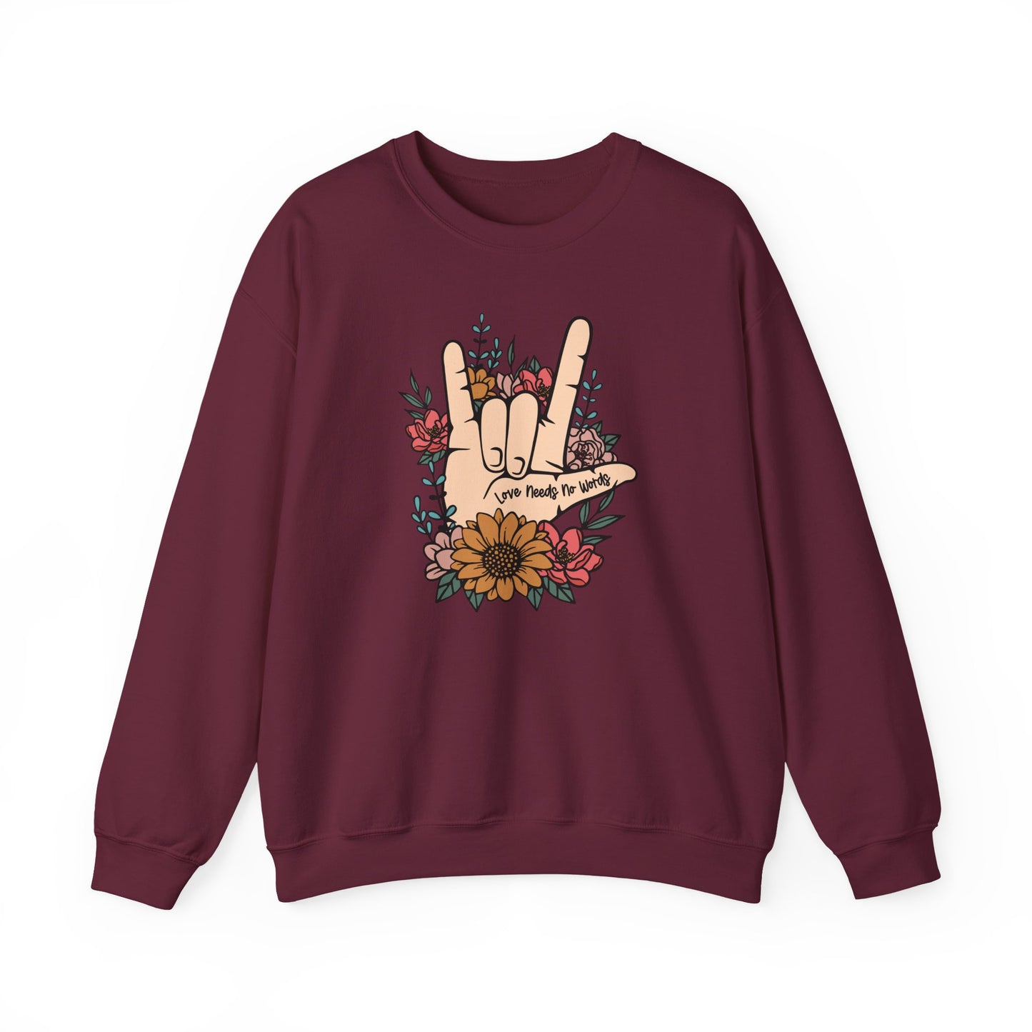 🎄🤟 Love Needs No Words Christmas Sweatshirt – ASL Holiday Floral Design for Meaningful Gifts 🌸🎁