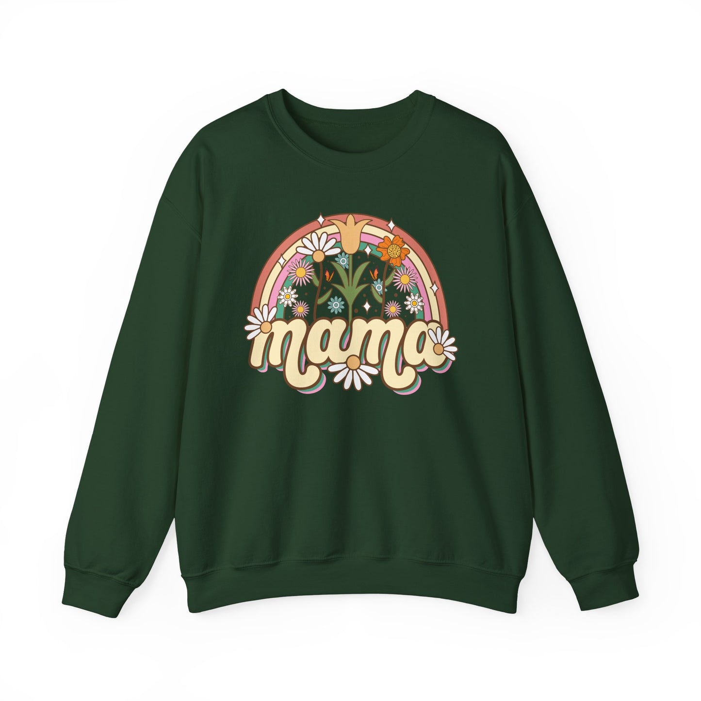 🌼🌈 Retro Floral Mama Sweatshirt – Vintage Rainbow Daisy Mom Crewneck