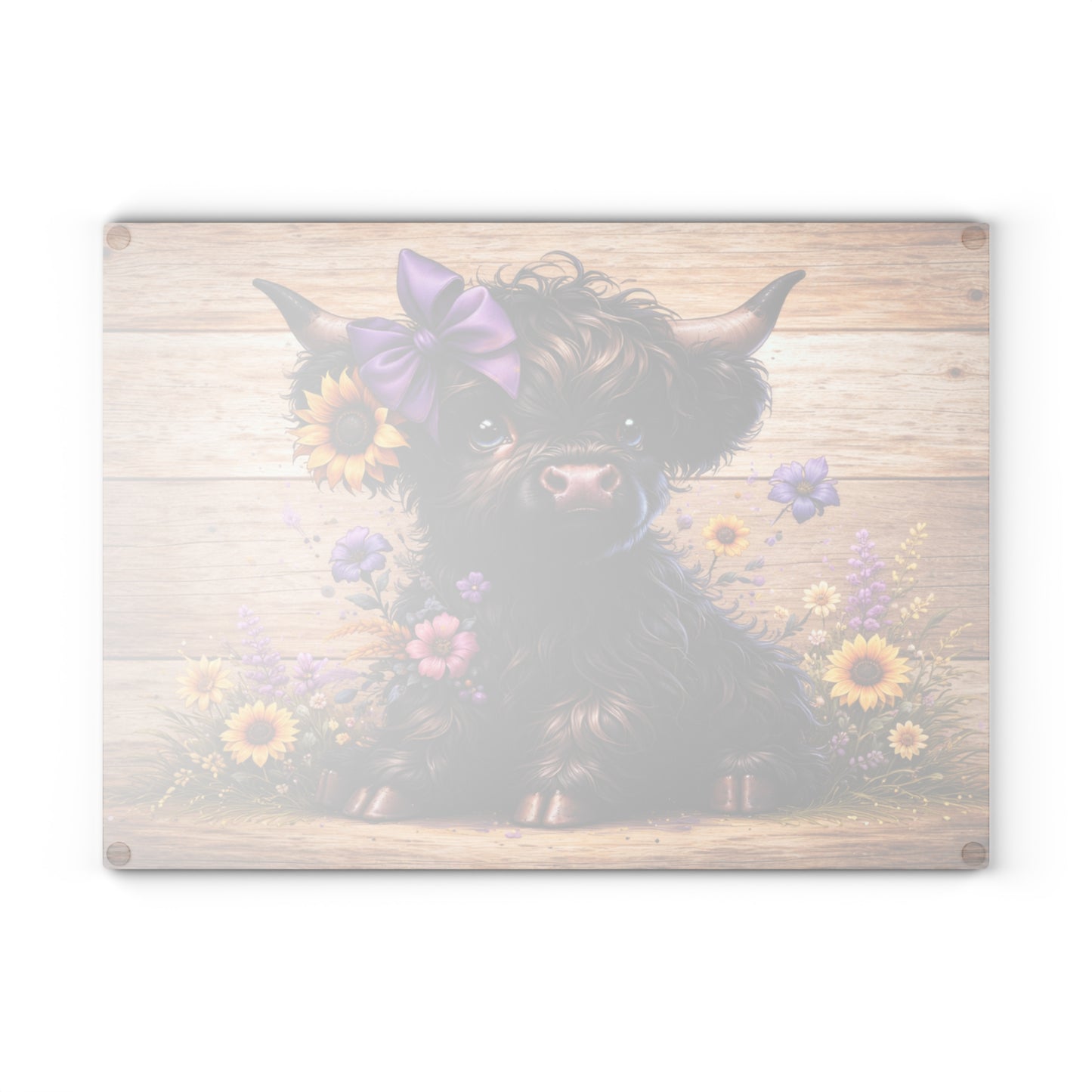 Sunflower Bow Highland Calf Glass Cutting Board – Rustic Farm Animal Art with Floral Country Charm