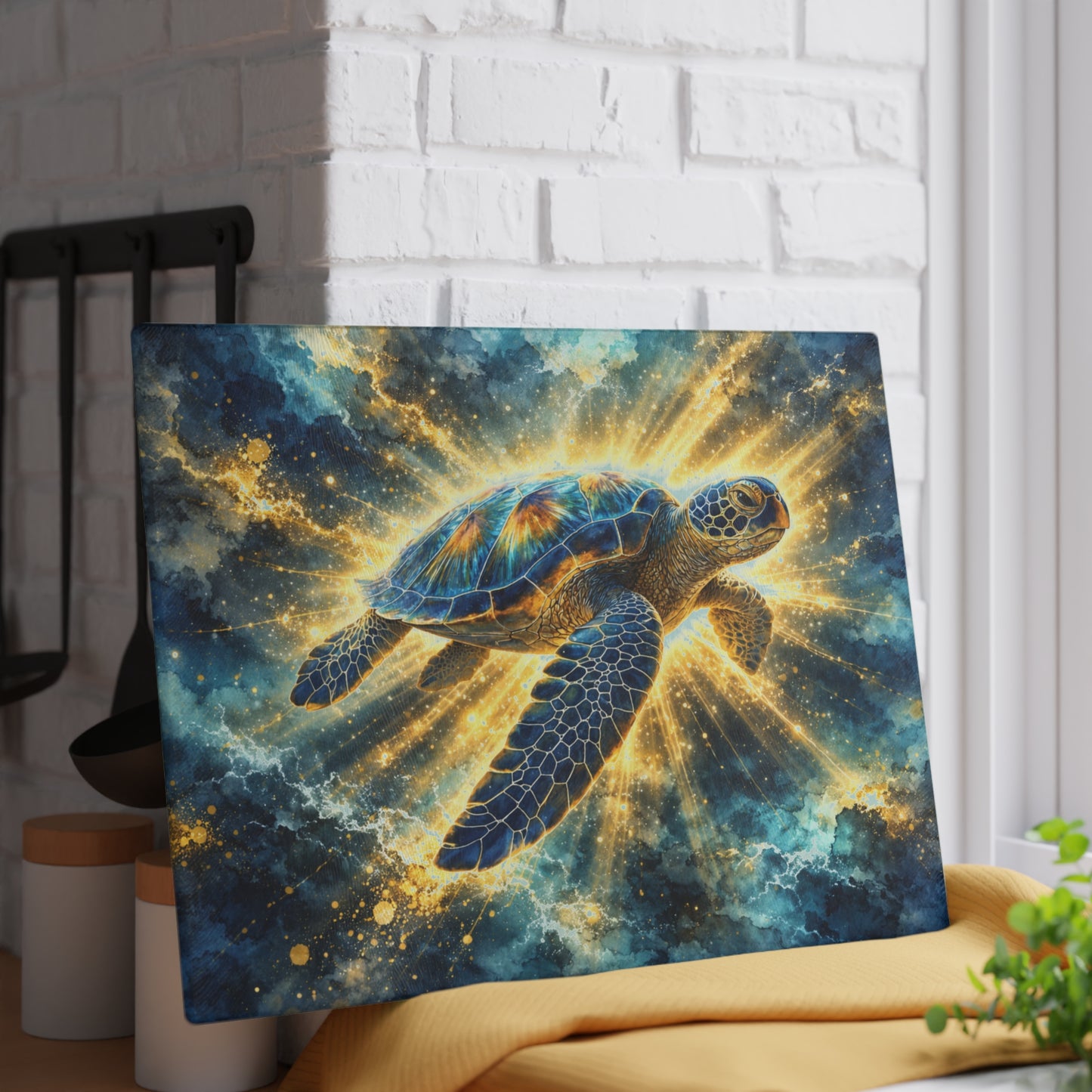 Radiant Sea Turtle Glass Cutting Board – Luminous Ocean Wildlife Art